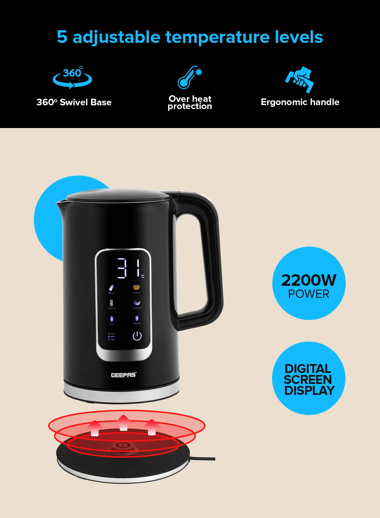 Geepas GK38052 Digital Display Kettle 1.7L | 2200W rapid boil with 5 temperature settings| Durable, keep warm mode, dual-wall insulation and 360° cordless use | - Image 5
