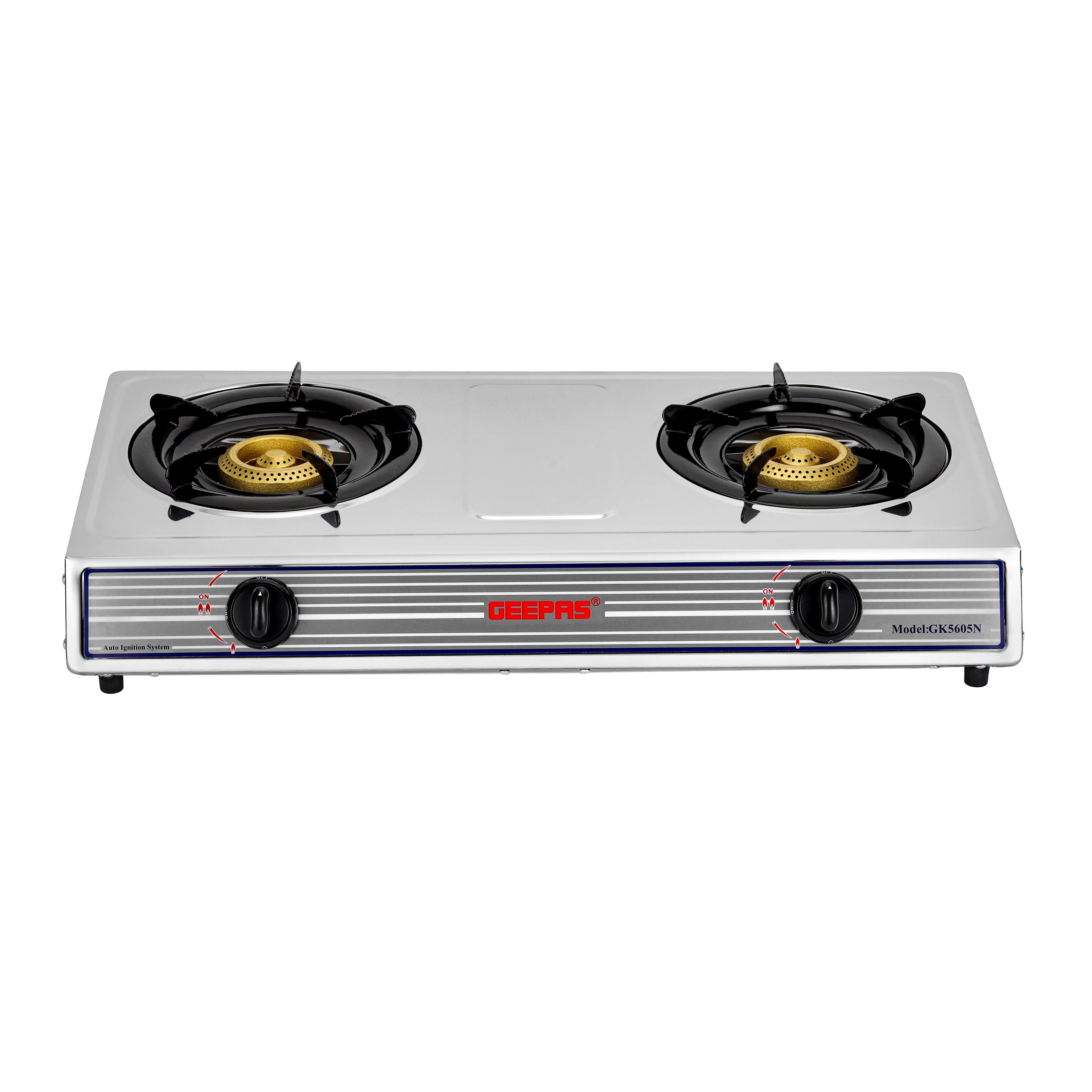 Geepas GK5605 Stainless Steel Gas Cooker | Double Cast Iron Burner Stovetop & Low Gas Consumption| Efficient Heating, Auto Ignition System and LPG Stove Silver|