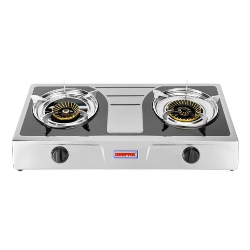 Geepas GK6856 Stainless Steel Gas Cooker| durable Design, 2 Cast Iron Burners & Automatic Ignition System| High Efficiency 5.6KW Power with Low Gas Consumption|
