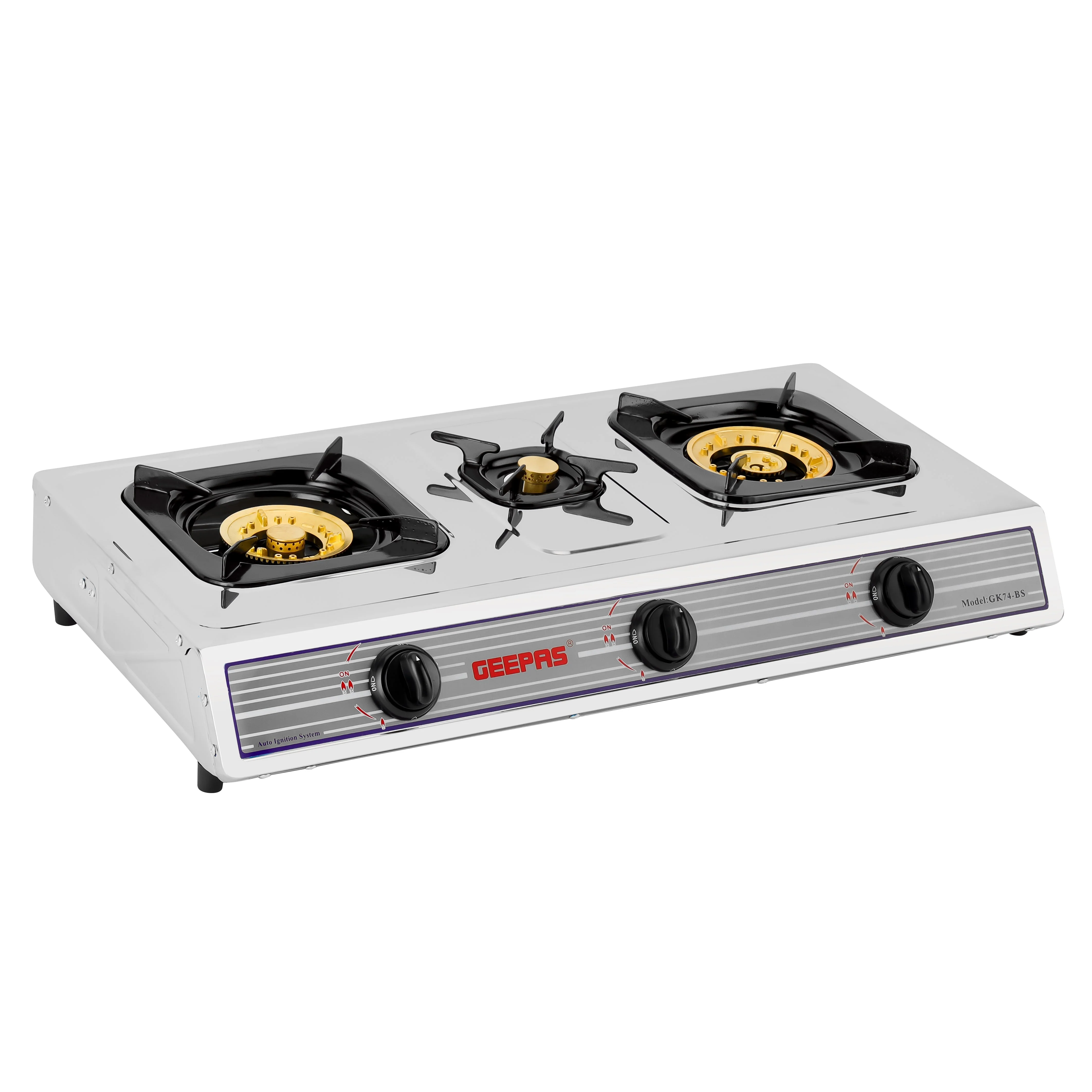Geepas GK74BS Stainless Steel 3 Burner Gas Cooker | Brass Burners |  Automatic Ignition System |  Low Gas Consumption |  Durable Pan Supports for Home Cooking Use - Image 3