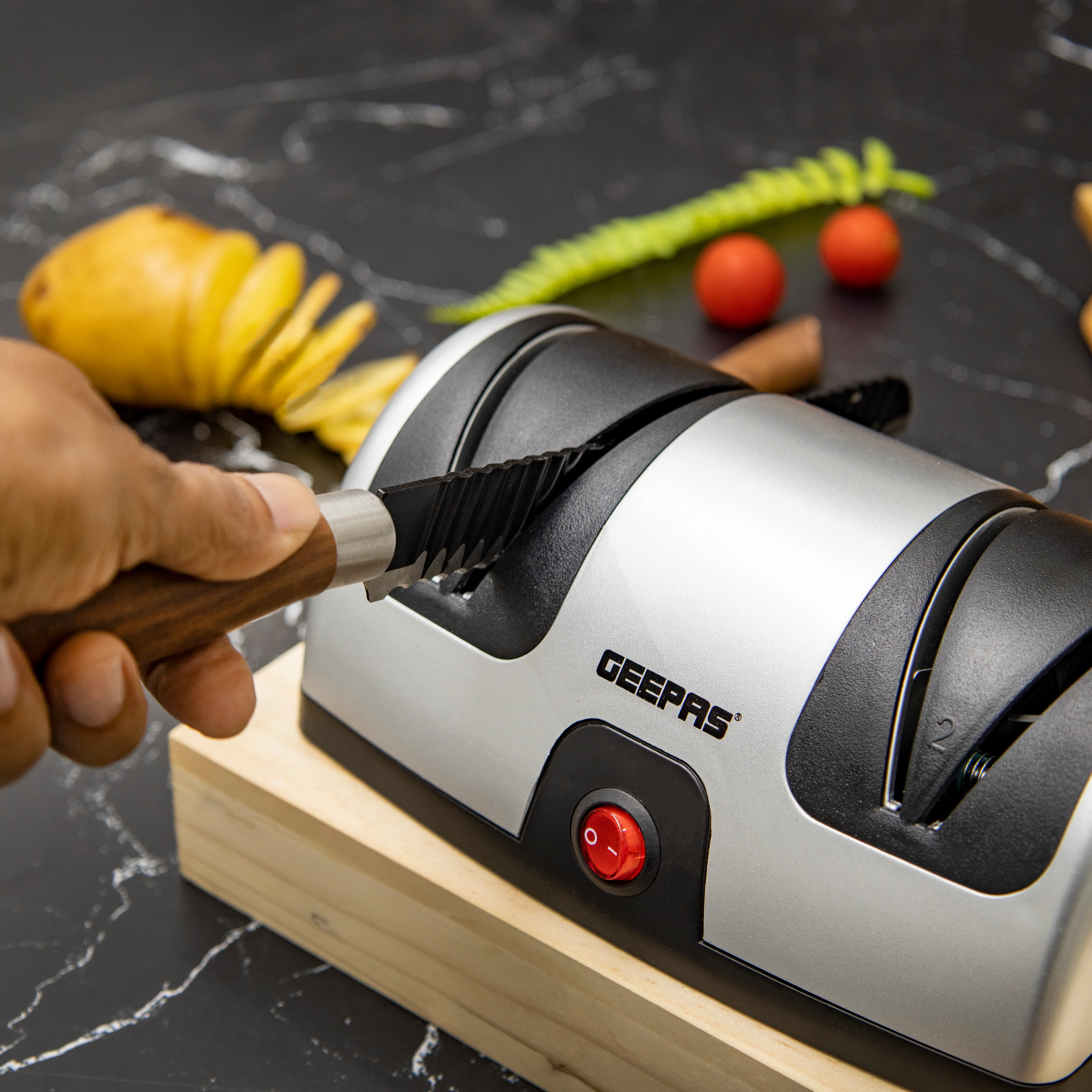 Geepas GKS63044 Electric Knife Sharpener| 2-Stage Precision Grinding, Honing and Diamond-Coated Wheels| Razor Sharp Finish, Compact, Easy to Use and 40W Power| - Image 5