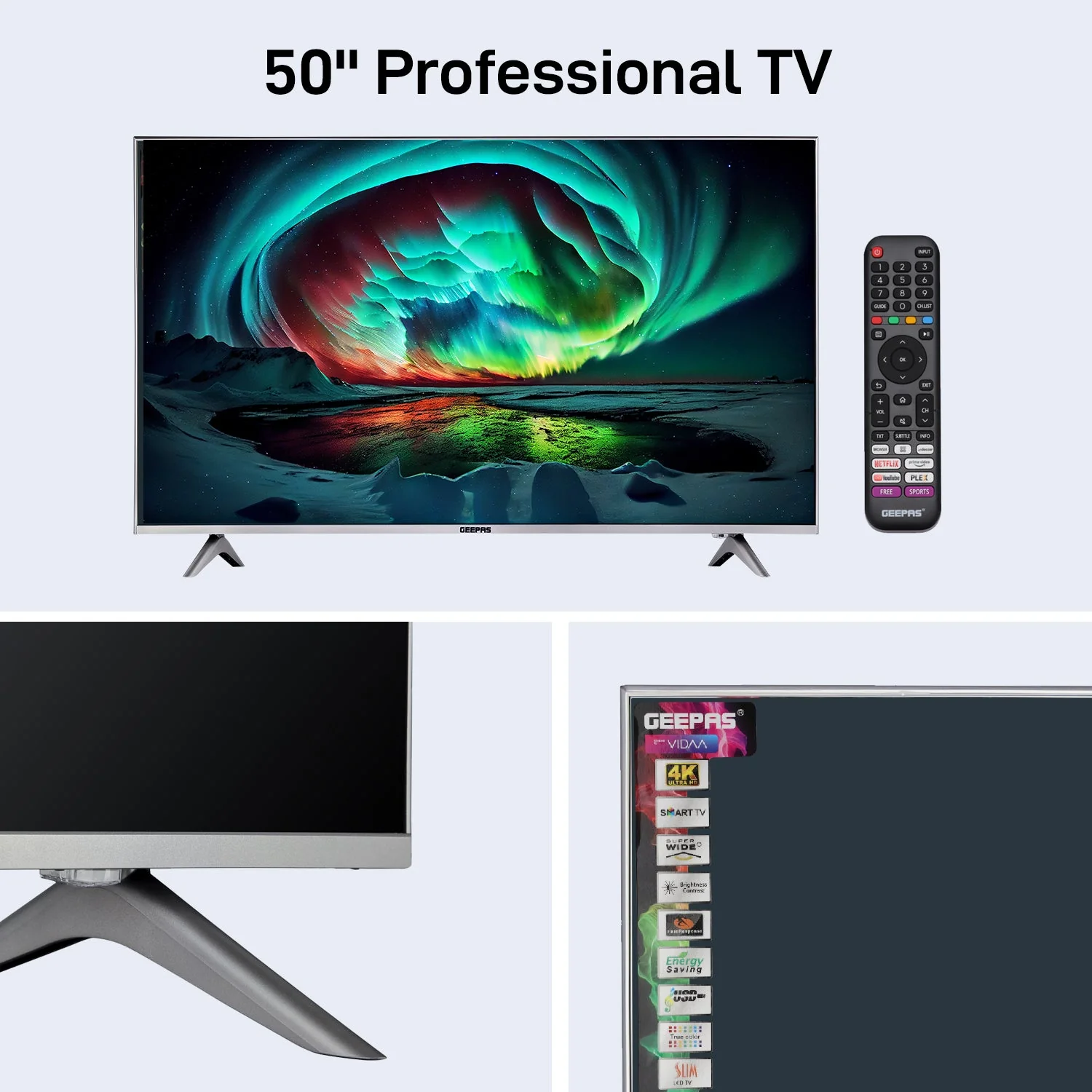 Geepas GLED5009SVUHD 50” 4K UHD Smart LED TV | Frameless Design, VIDAA OS and Dolby Digital Audio| 3 HDMI, USB, Bluetooth, Screen Sharing and Built-in Receiver| - Image 6