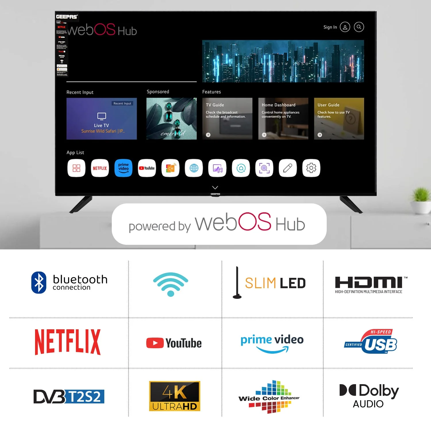 Geepas GLED5509SVUHD 55 Inch Ultra HD Smart LED TV | 4K UHD Display, webOS Hub and Frameless Design| HDMI, USB, HDR, HQ Sound, Smart Apps and 2x8W Audio Output| - Image 3