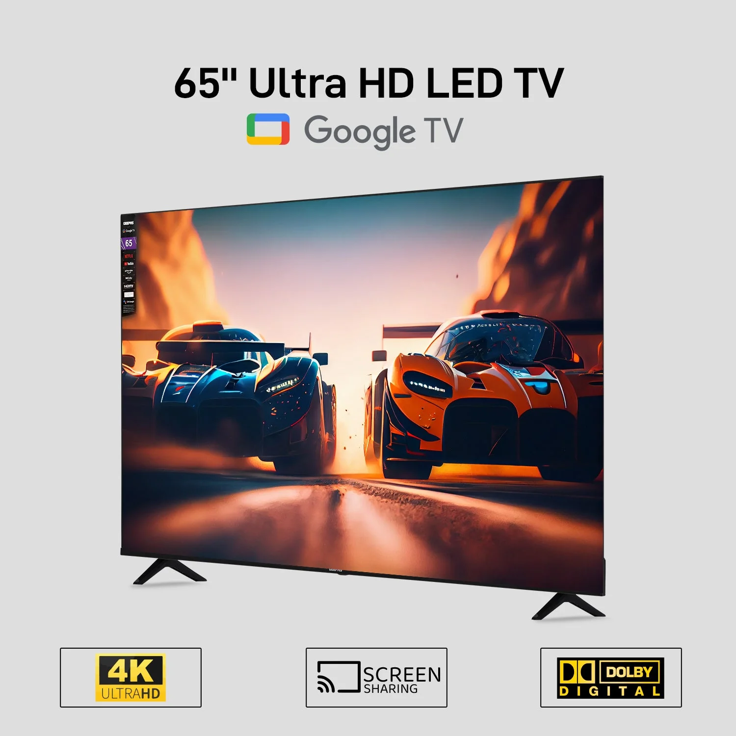 Geepas GLED6523SGXHD 65-Inch Ultra HD Smart LED TV| Google TV with Chromecast Built-In & 4K 3840x2160 Resolution| Dolby Audio, Slim Design & 2x10W Stereo Speakers| - Image 4