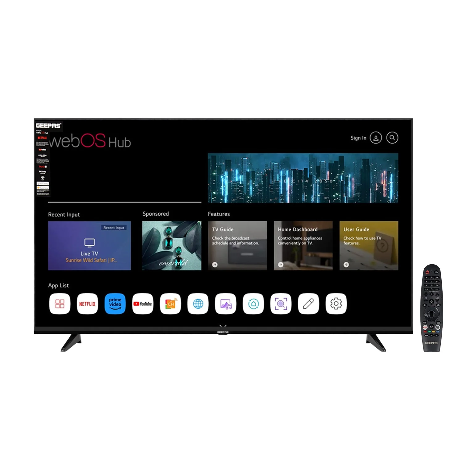 Geepas GLED6569SVUHD 65-Inch Ultra HD Smart LED TV | 4K UHD, webOS Hub and Frameless Design| HDMI & USB Connectivity, HQ Sound, Slim LED Display, Built-in Apps|