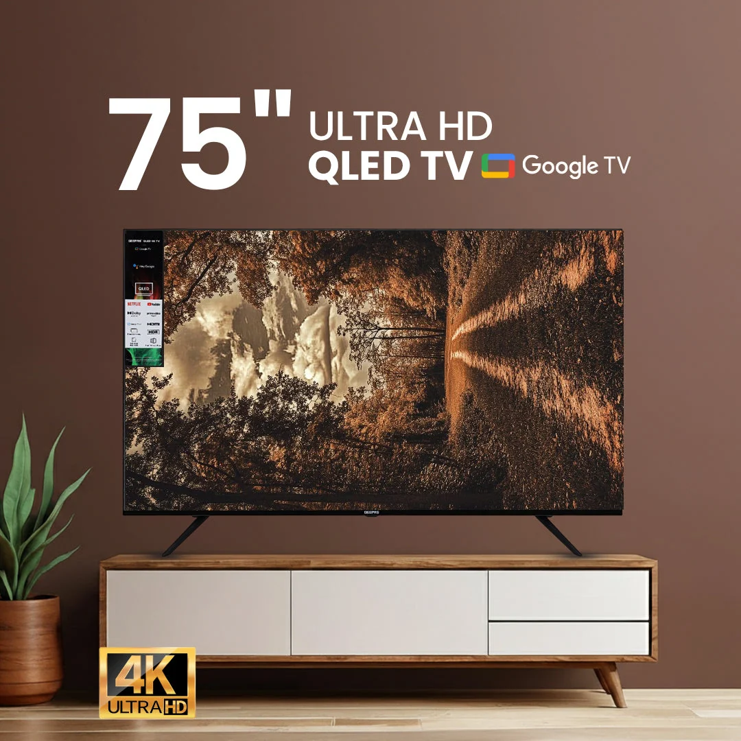 Geepas GLED7535GTQLD 75” 4K Ultra HD QLED Smart TV| Google Tv, Dolby Audio, HDR & Built-in Chromecast| Durable, Voice Remote, 3 HDMI, 2 USB, WiFi & Bluetooth| - Image 2