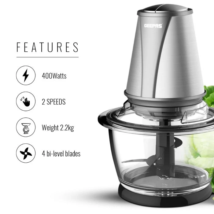 Geepas GMC42014 Multi Chopper| 400W Powerful Motor, 2-Speed Control & 1.2L Durable Glass Bowl| Durable Build, Stainless Steel Blades & Compact Food Processor | - Image 5