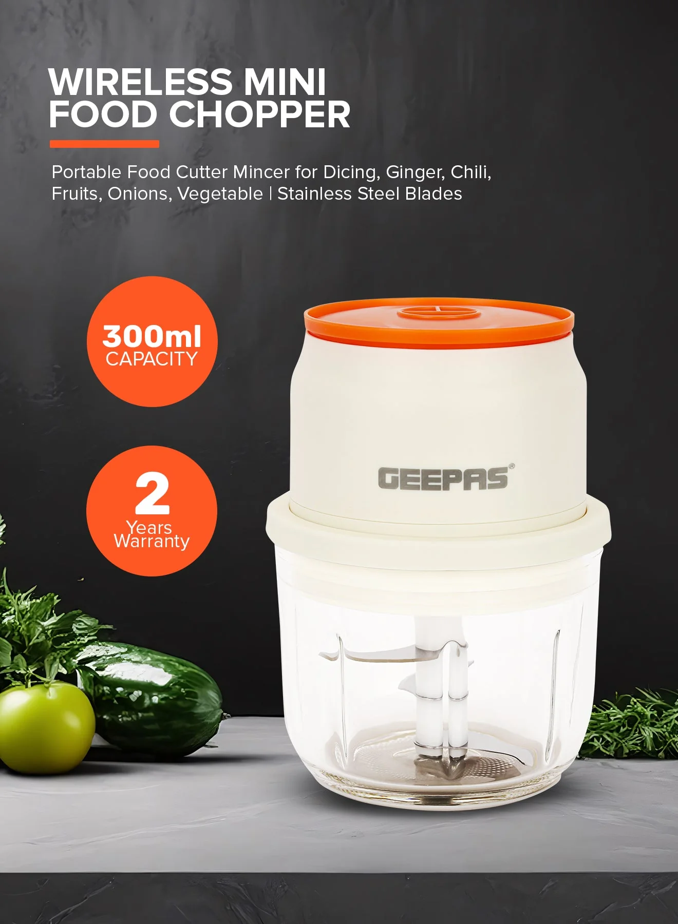 Geepas GMC42022 Rechargeable Mini Chopper| Durable Stainless-Steel Blades & Hygienic Glass Bowl| Durable Build, Type-C Fast Charging & Easy One-Press Operation| - Image 4