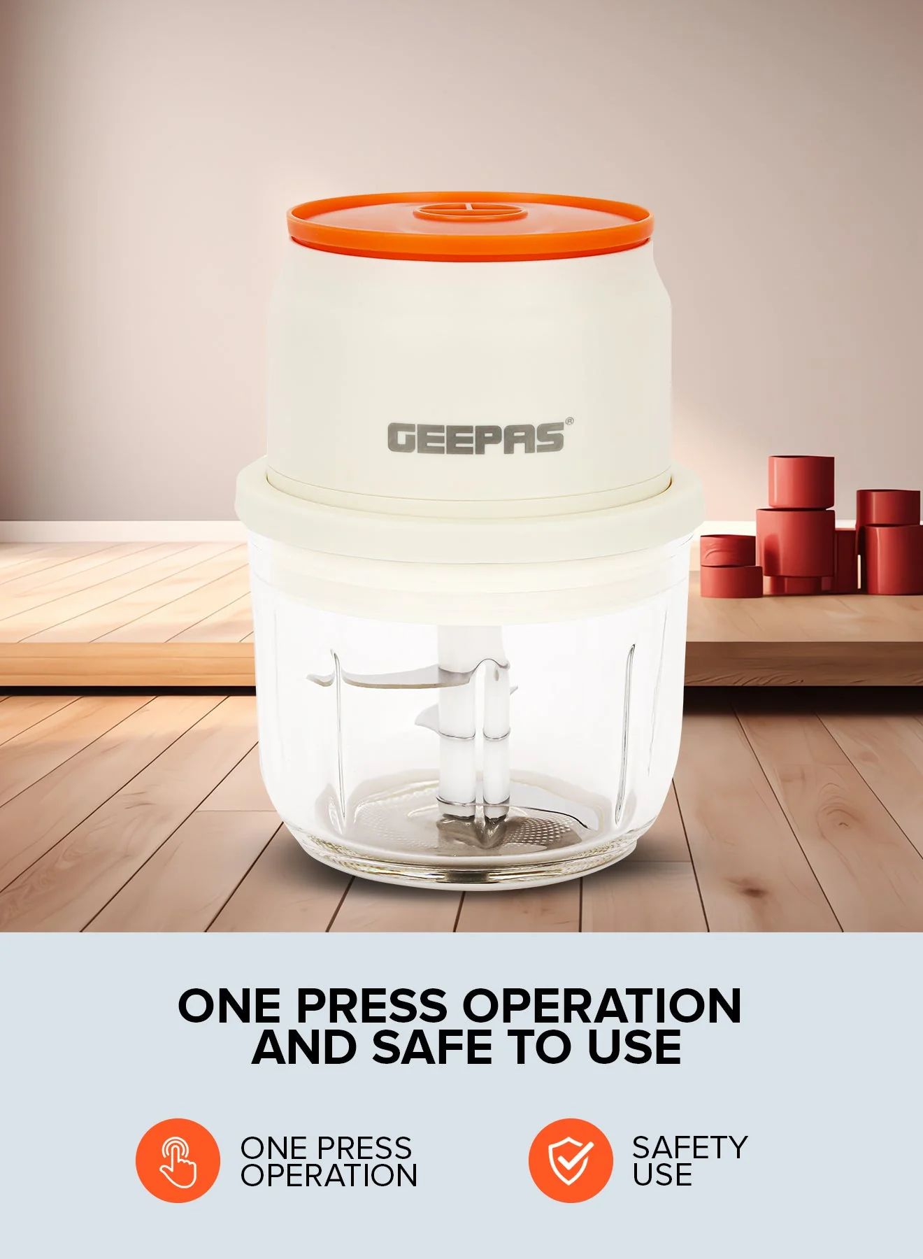 Geepas GMC42022 Rechargeable Mini Chopper| Durable Stainless-Steel Blades & Hygienic Glass Bowl| Durable Build, Type-C Fast Charging & Easy One-Press Operation| - Image 6