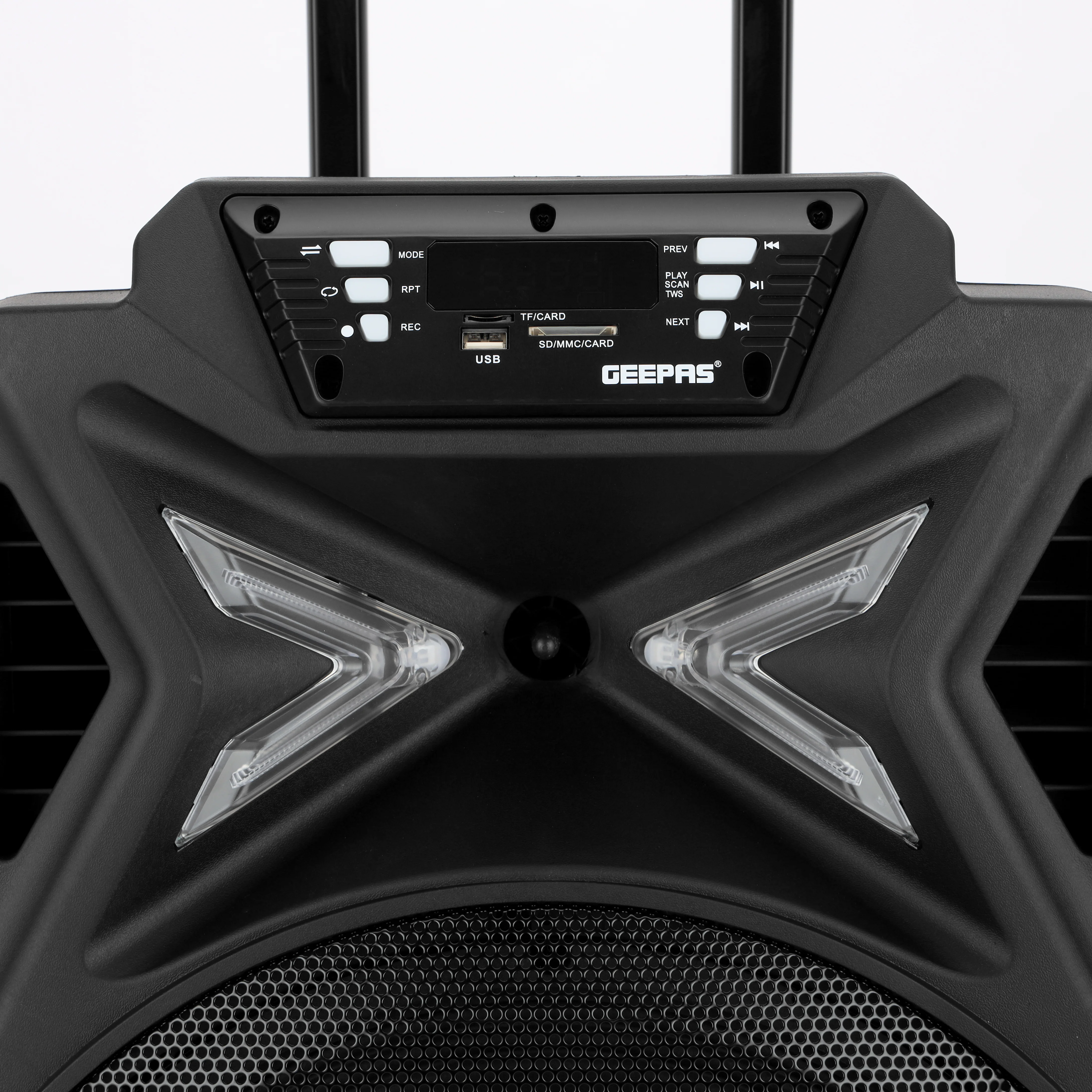 Geepas GMS11131 Rechargeable Trolley Speaker | 40000W PMPO, Bluetooth, 15-inch woofer & FM radio| Durable Design, wireless mic, LED lights and karaoke function| - Image 3