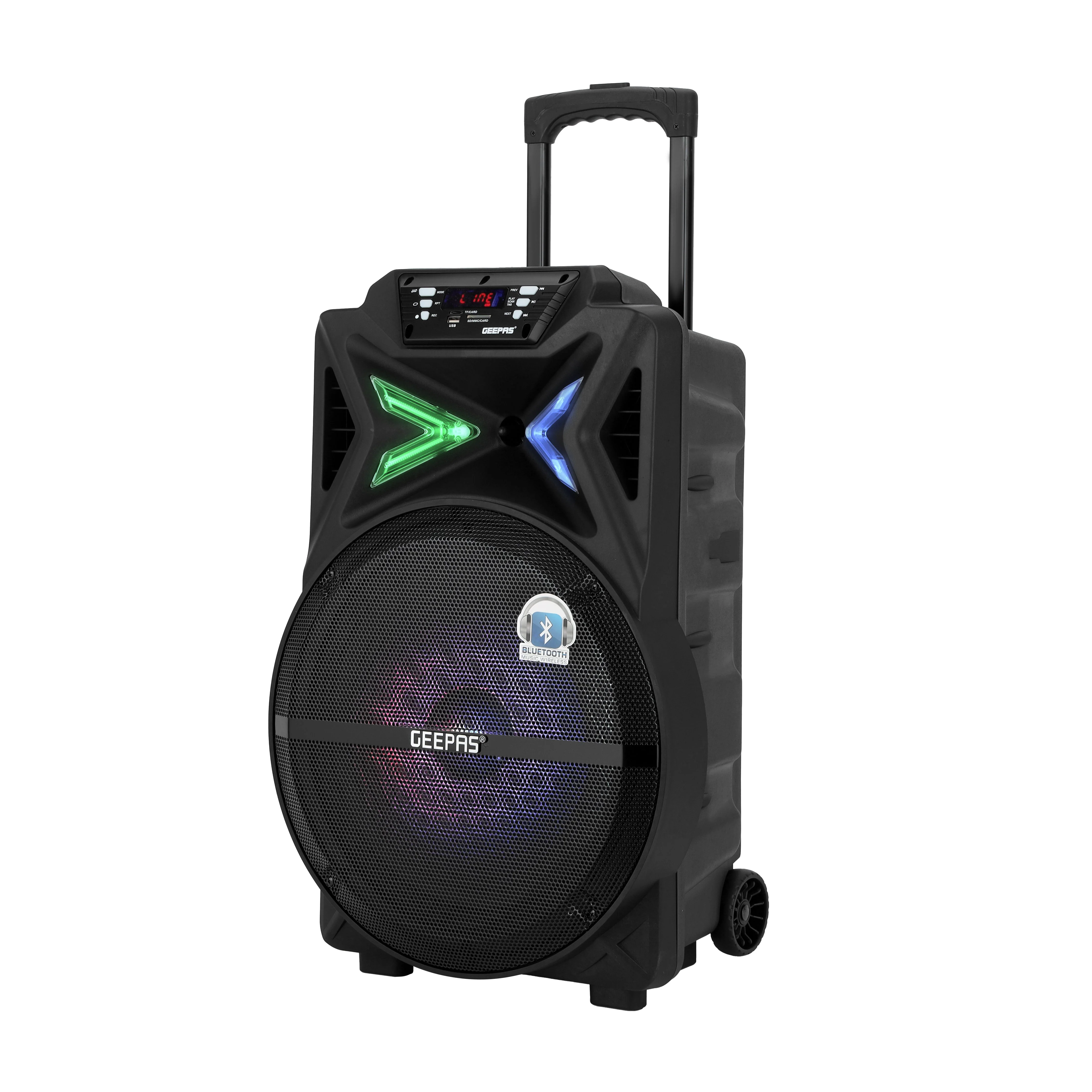 Geepas GMS11131 Rechargeable Trolley Speaker | 40000W PMPO, Bluetooth, 15-inch woofer & FM radio| Durable Design, wireless mic, LED lights and karaoke function| - Image 4