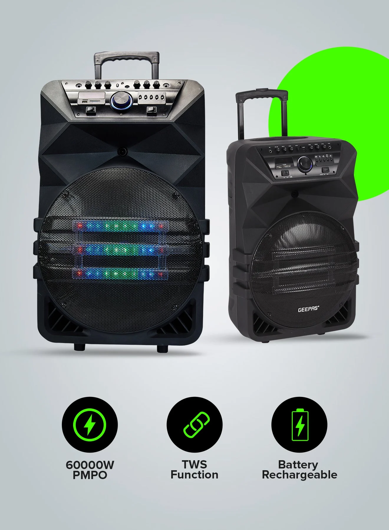 Geepas GMS11154 Rechargeable Professional Speaker | 60000W PMPO, Bluetooth, TWS Connection and FM Radio| LED Display, Dual Wireless Microphones and 15” Woofer| - Image 6