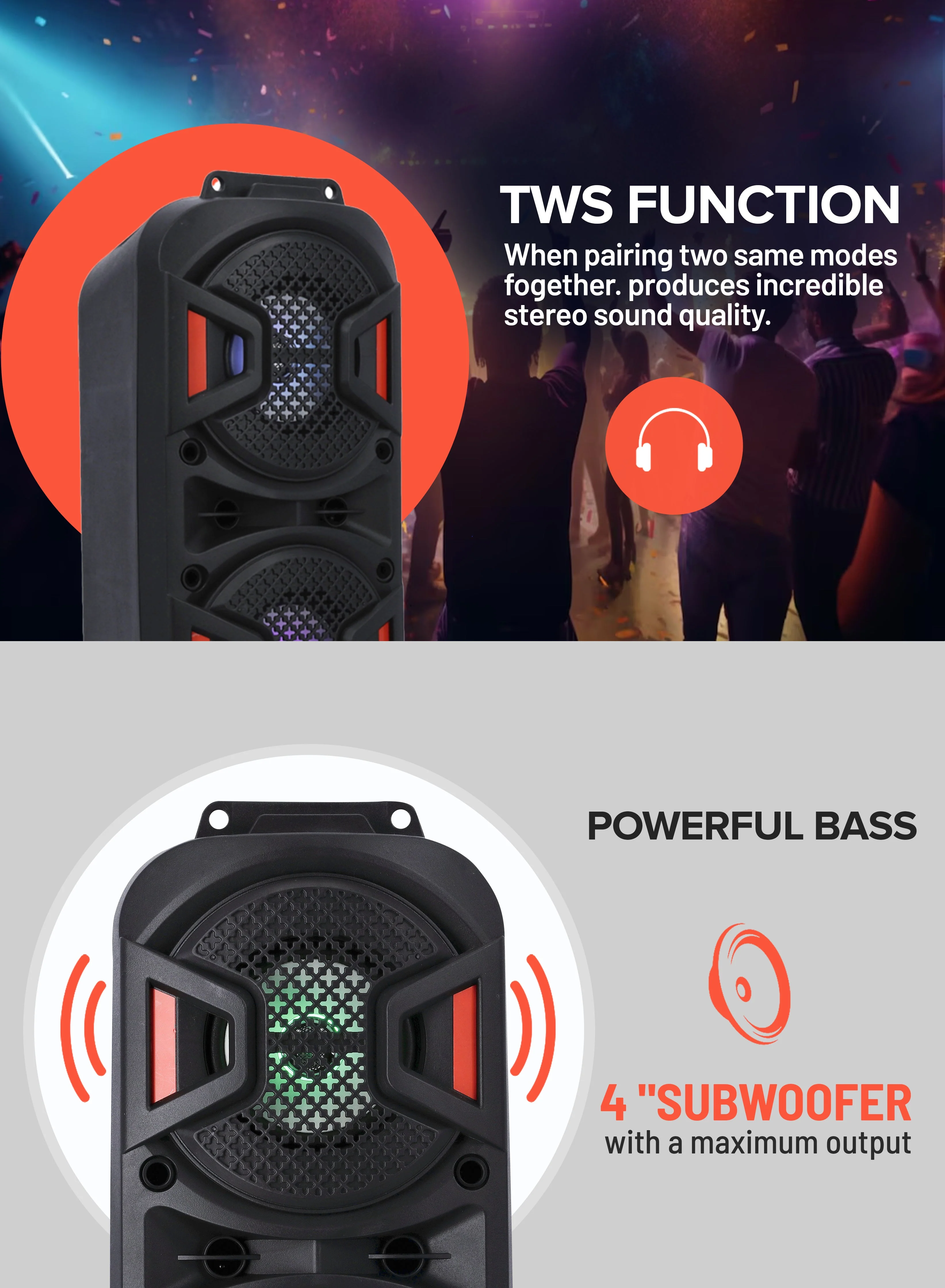Geepas GMS11187 Rechargeable Portable Speaker| 25000W PMPO Powerful Sound & Dual 4” Woofer| Durable Design, Bluetooth, USB/TF/FM, TWS, Mic Input & Remote Control| - Image 5