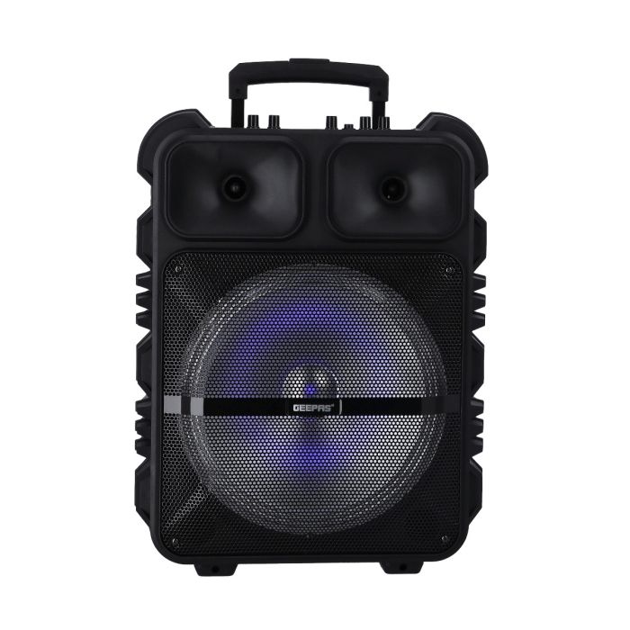 Geepas GMS11190 Rechargeable Trolley Speaker | Powerful 12” Woofer, Durable Build & Wireless Microphone| Bluetooth, USB/TF Card, FM Radio & 35000W PMPO Output|
