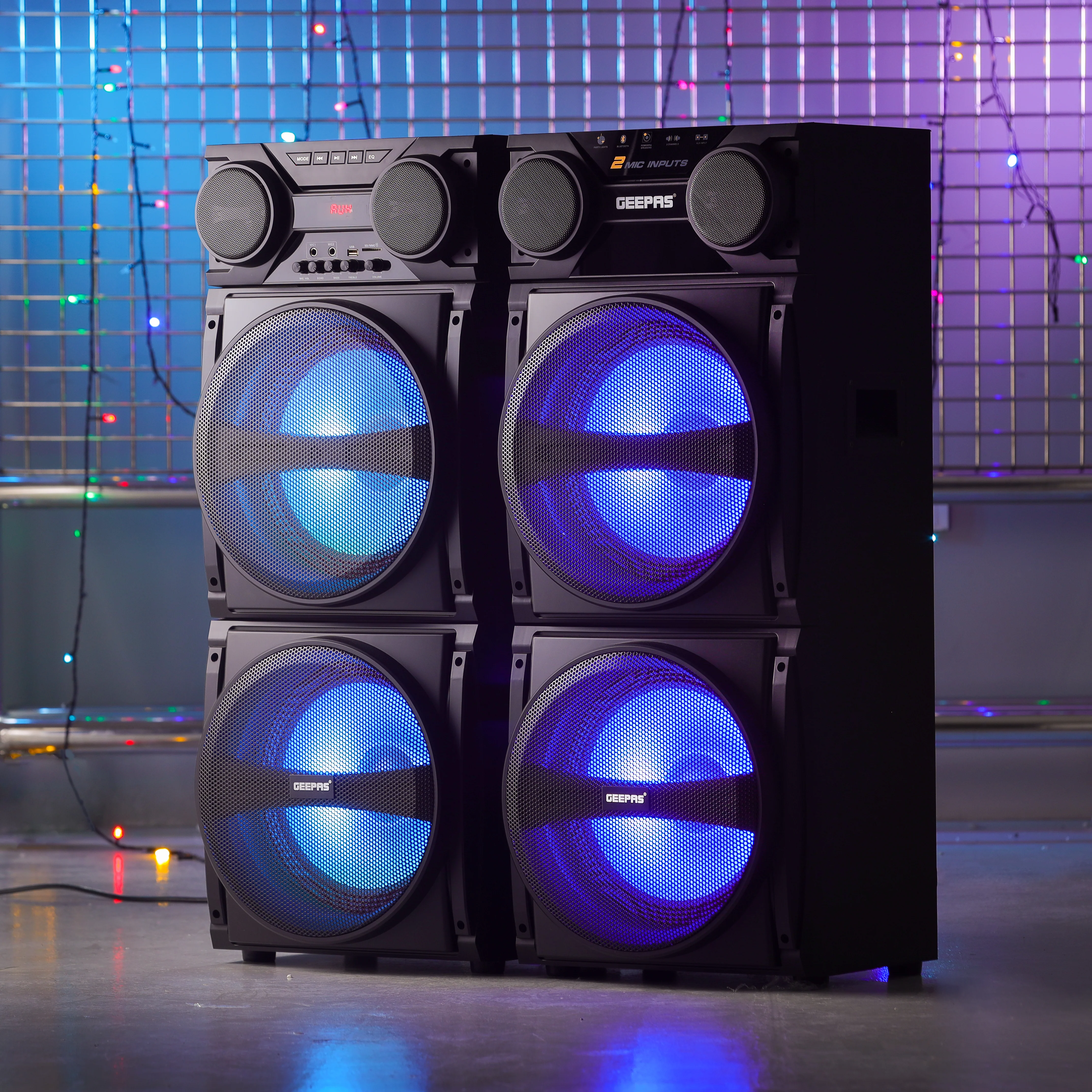 Geepas GMS8517 Hi-Fi Speaker System |80000W PMPO, Bluetooth, USB, SD, FM and AUX Connectivity| UHF Wireless Microphone, RGB Woofer Lights and Dual 12” Woofers| - Image 2