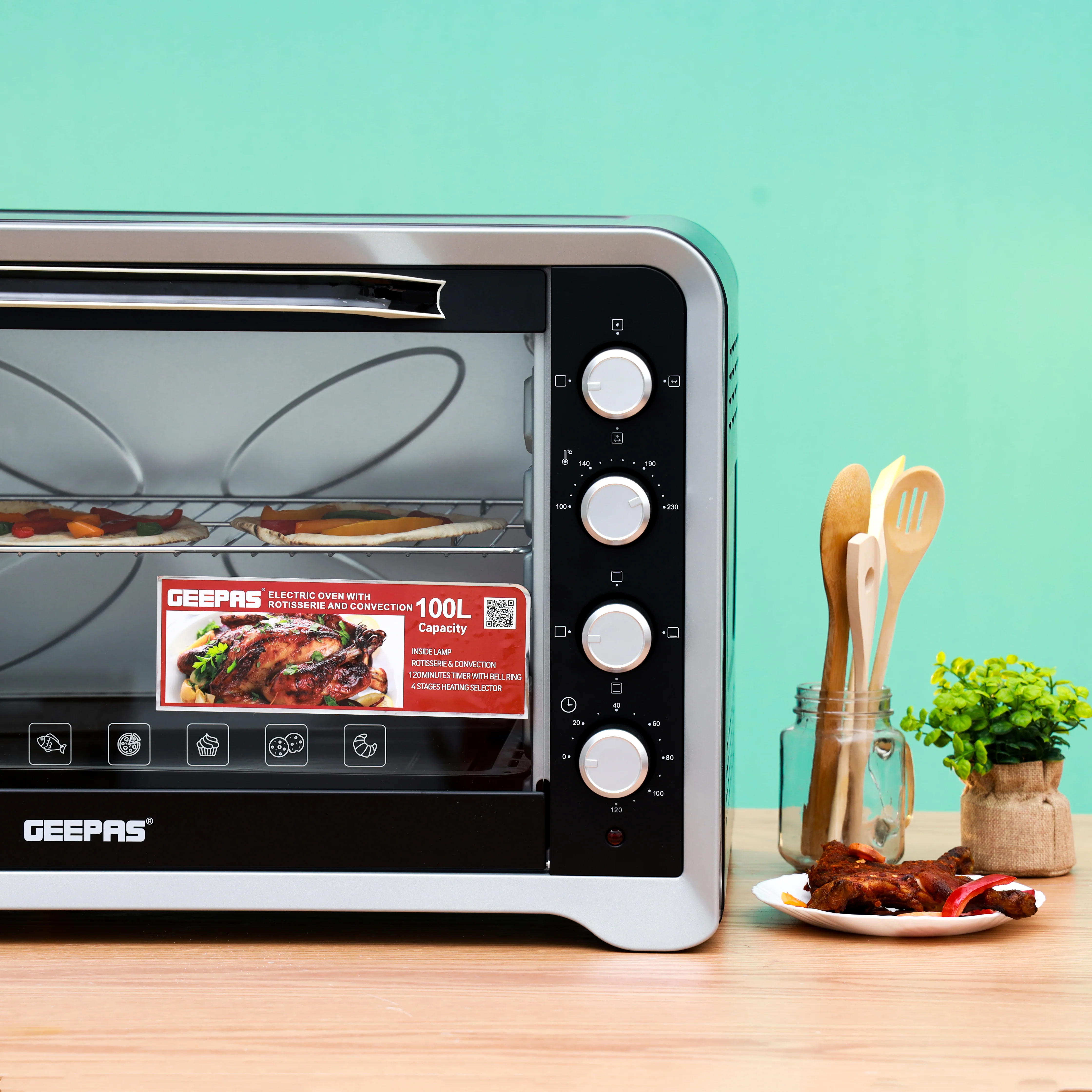Geepas GO34027 100L Electric Oven| Rotisserie & Convection, 2800W Power, Adjustable Temperature and 4 Knobs| Durable Construction, 120 Minute Timer with Bell| - Image 5