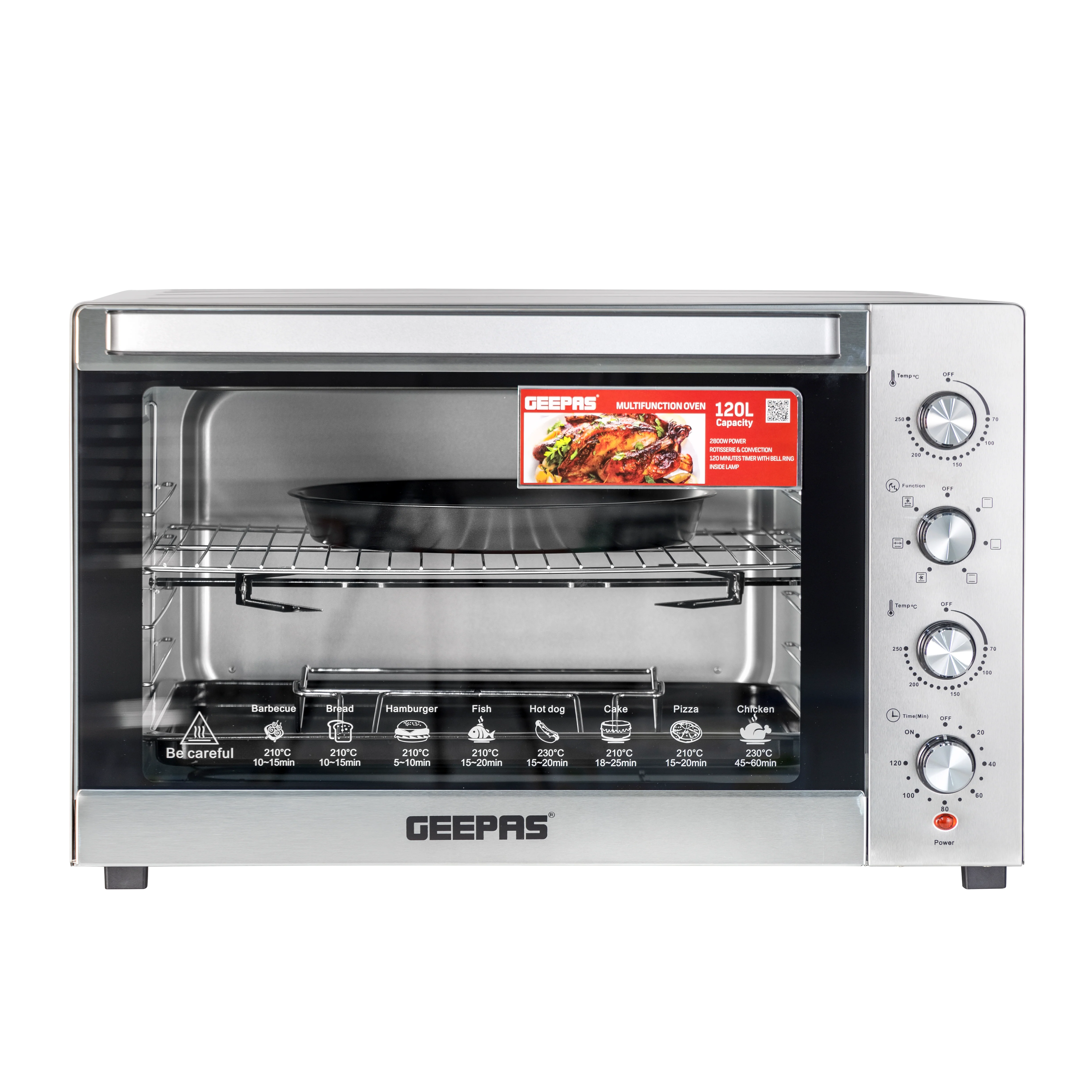 Geepas GO34057 120L Multi-Function Oven| 2800W Power, Rotisserie & Convection Function| Durable, 120 Minutes Timer, 7 Heating Stages and Stainless Steel Design|
