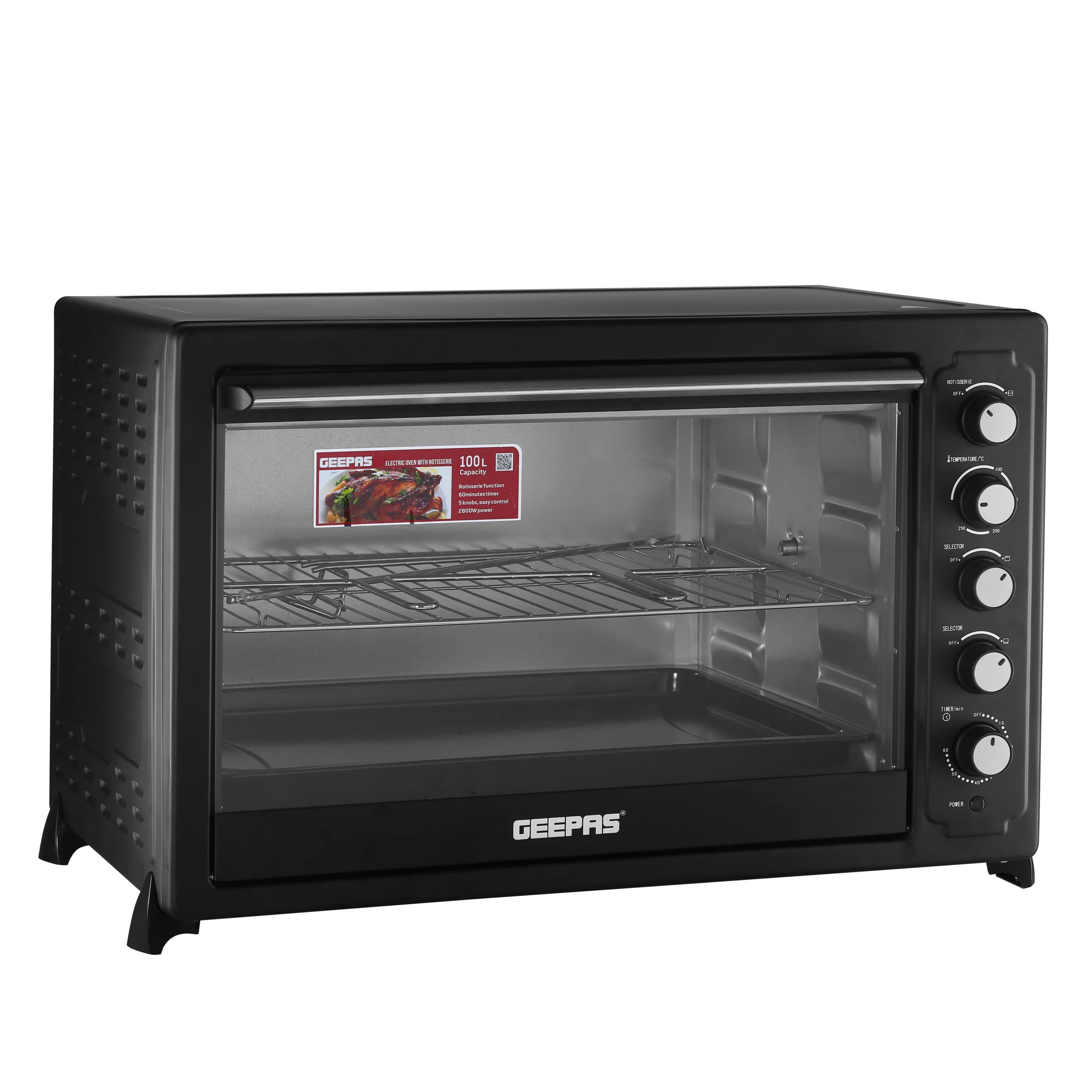 Geepas GO4402N 100L Electric Oven| 2800W heating, convection cooking & rotisserie function| 60-minute timer, 250°C temperature control and 5 easy-control knobs| - Image 3