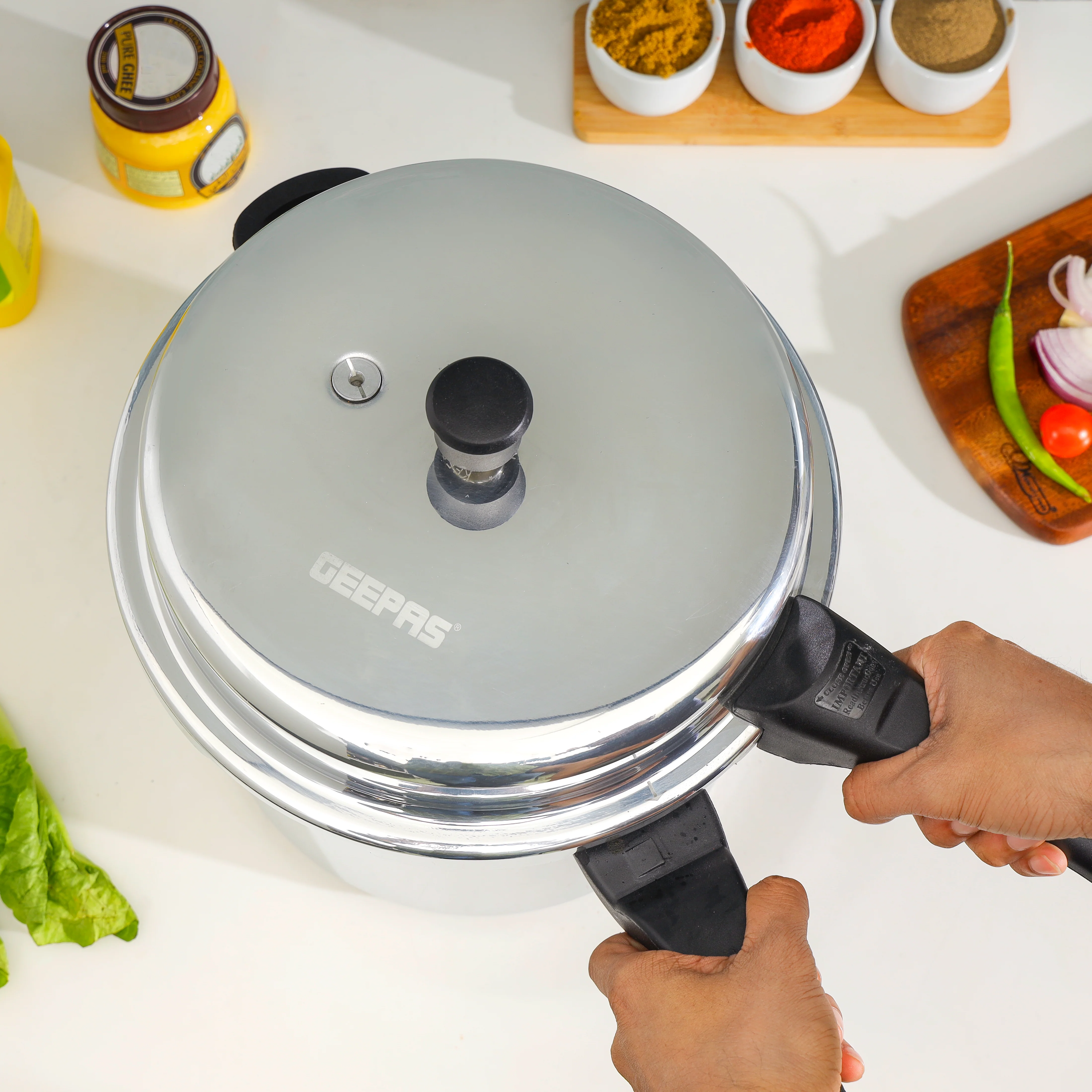 Geepas GPC328 10L Aluminum Pressure Cooker| Induction Bottom, Anti-Implosion Lid & Improved Safety Valve| Durable, Extra Gasket for Safe Large-Capacity Cooking| - Image 5