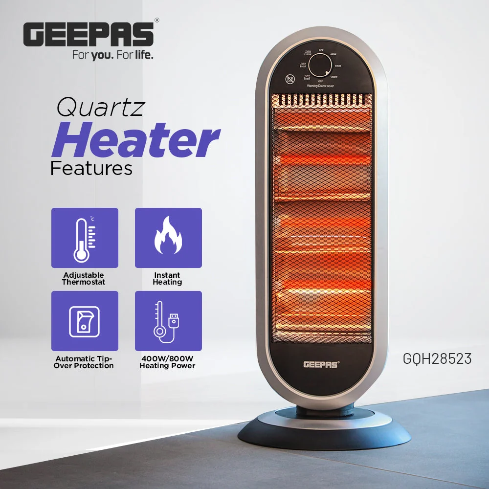 Geepas GQH28523 Quartz Heater| 400W/800W/1200W Instant Heating & Adjustable Thermostat| Durable, Wide-Angle Oscillation, Tip-Over Protection & Cool Touch Body| - Image 3