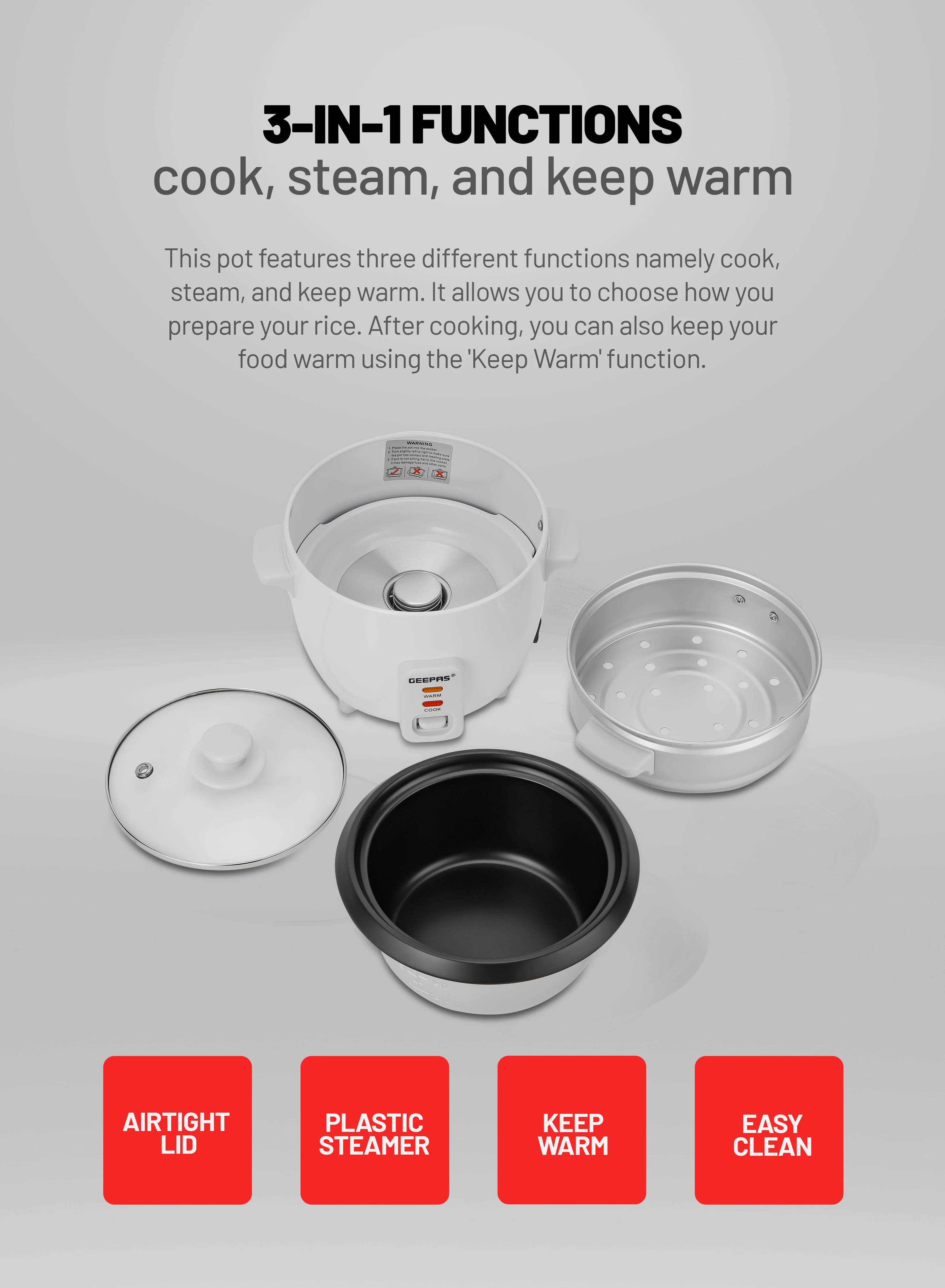 Geepas GRC4324 Multifunction Rice Cooker| 0.6L Compact Capacity, Ideal for Cooking and Steaming| Keeping Food Warm, Efficient, Durable and Easy to Daily Uses | - Image 3