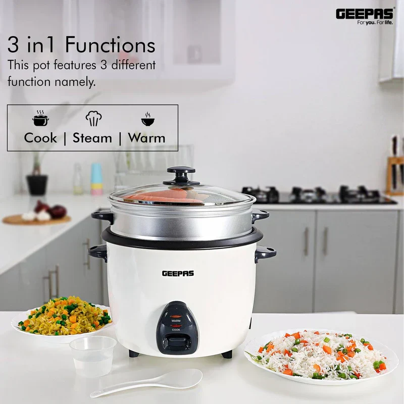 Geepas GRC4326 Automatic Rice Cooker | 2.2L Capacity, 3-in-1 Function – Cook, Steam & Keep Warm| Compact, Non-Stick Inner Pot, Easy to Clean and Durable Design| - Image 3