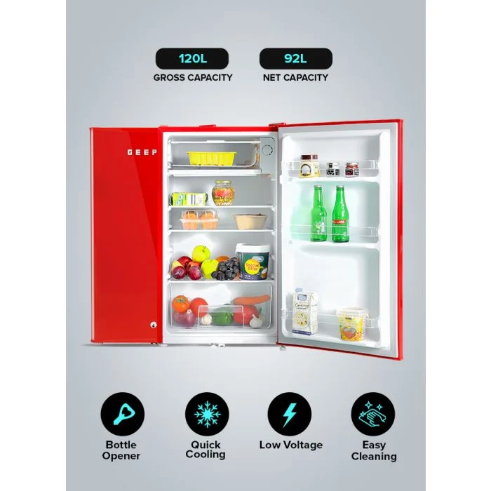 Geepas GRF1202RXE 120L Single Door Mini Fridge| features quick cooling, low-noise operation and glass shelves| lock and key, bottle opener and retro red design| - Image 3