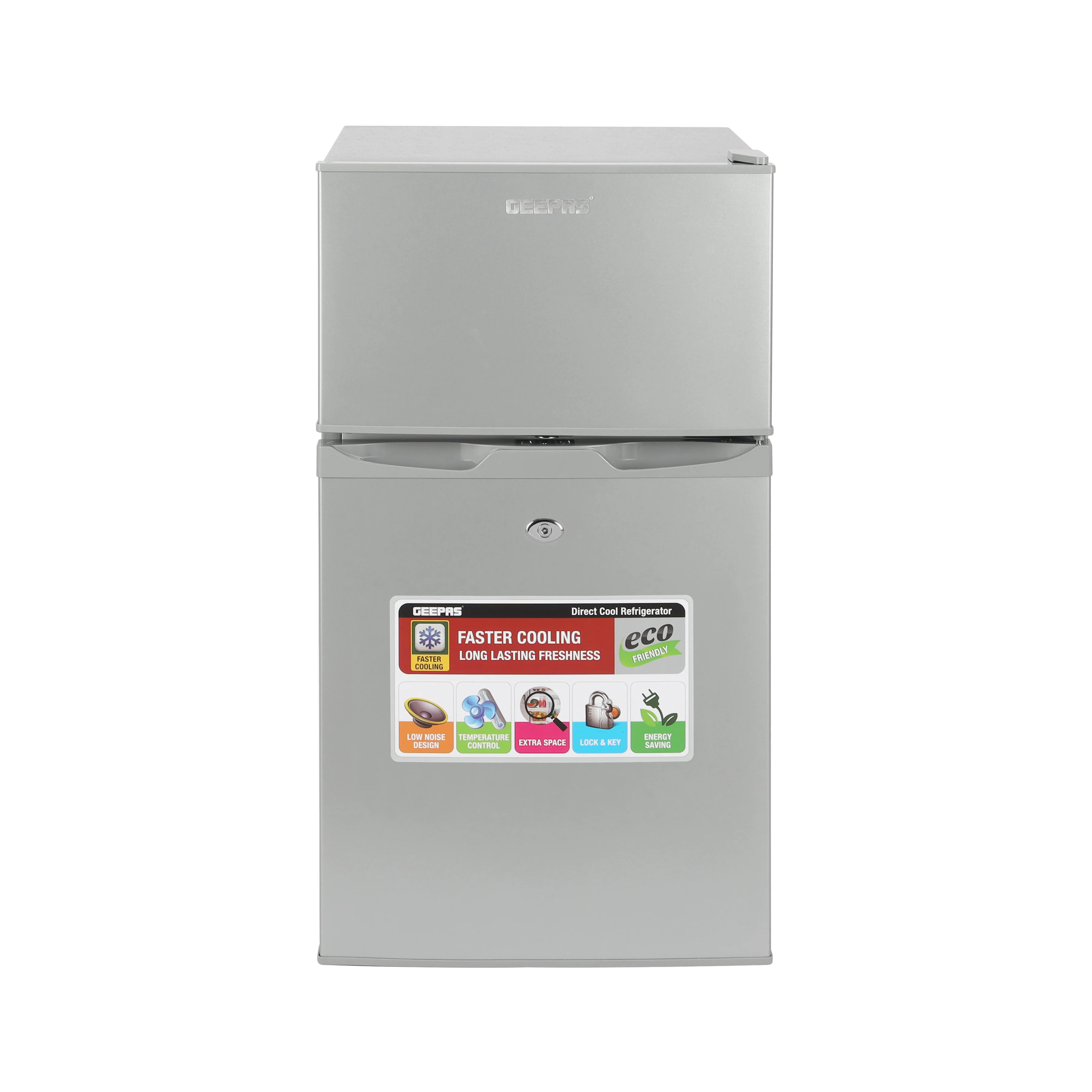 Geepas GRF1259GPE-N 125L Double Door Refrigerator | spacious storage and tempered glass shelves| efficient cooling and a practical defrost system for daily use|