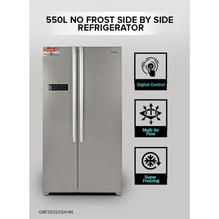 Geepas GRFS5520SXHN Side by Side Refrigerator | featuring No Frost cooling with inverter technology & LED display| Compact, Durable Design and spacious storage| - Image 2
