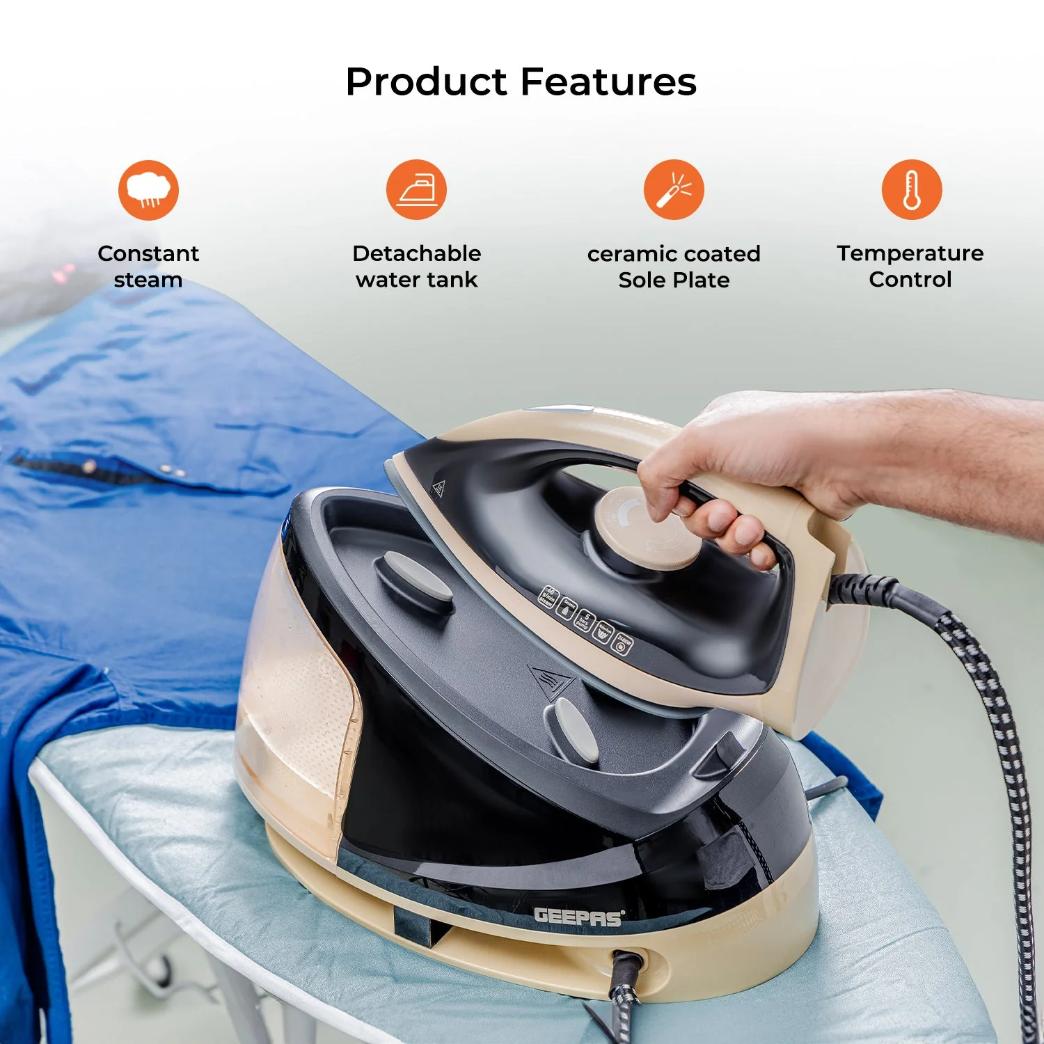 Geepas GS124032UK 2400W Steam Station| 1.2L Detachable Water Tank & Ceramic Coated Soleplate| Durable, Steam Boost Function and Adjustable Temperature Control| - Image 3