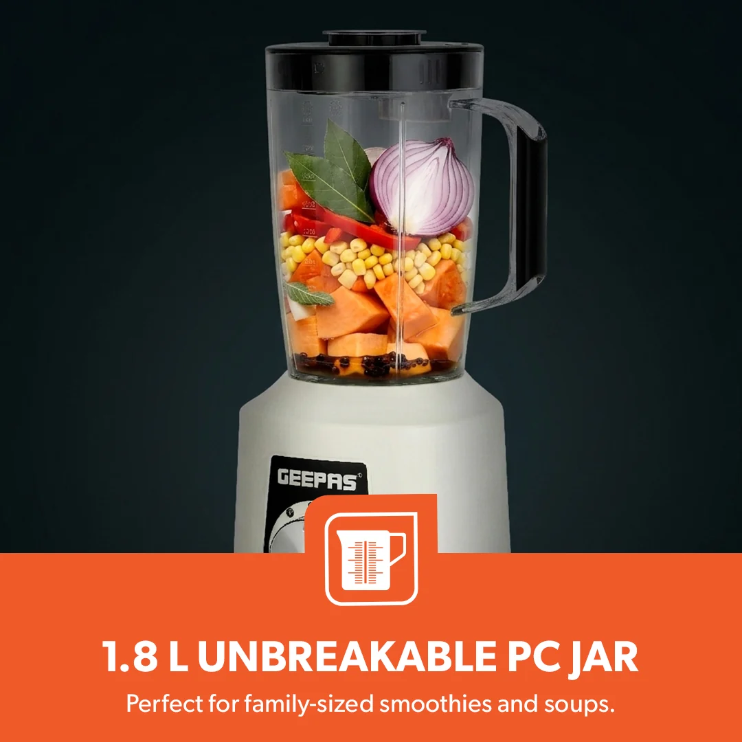 Geepas GSB44027 2-in-1 Blender| 600 W, Powerful Motor with 2 Speed Setting & Pulse| Transparent Jars with Stainless Steel Blade, Grinder Attachment White & Black| - Image 4