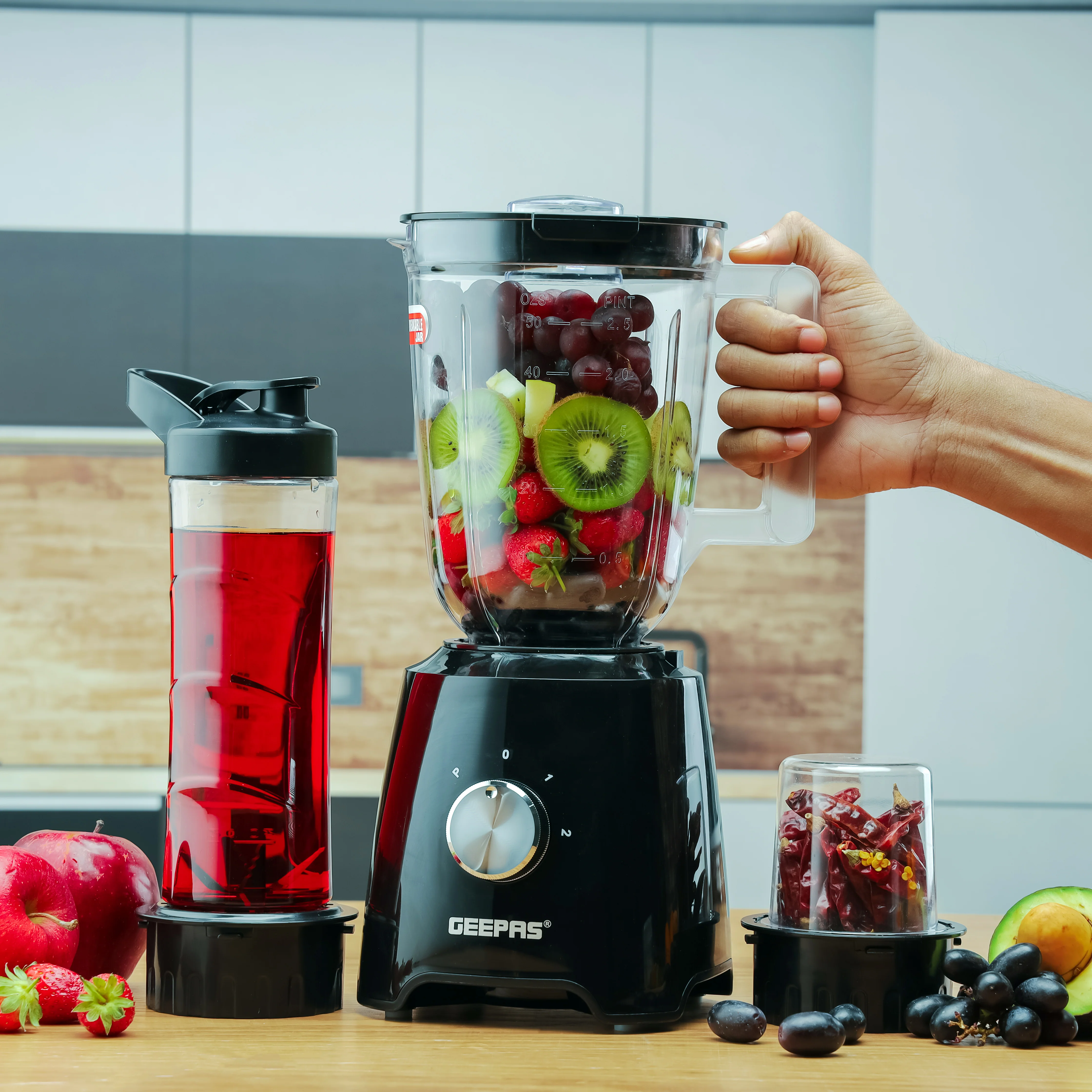 Geepas GSB44033 3-in-1 Super Blender| 2 Speed, Pulse Function, 1.5L & 500ml BPA Jar| Blender for Smoothie, Milkshake, Coffee/Spice Grinder Mill & Food Jug Blender| - Image 3