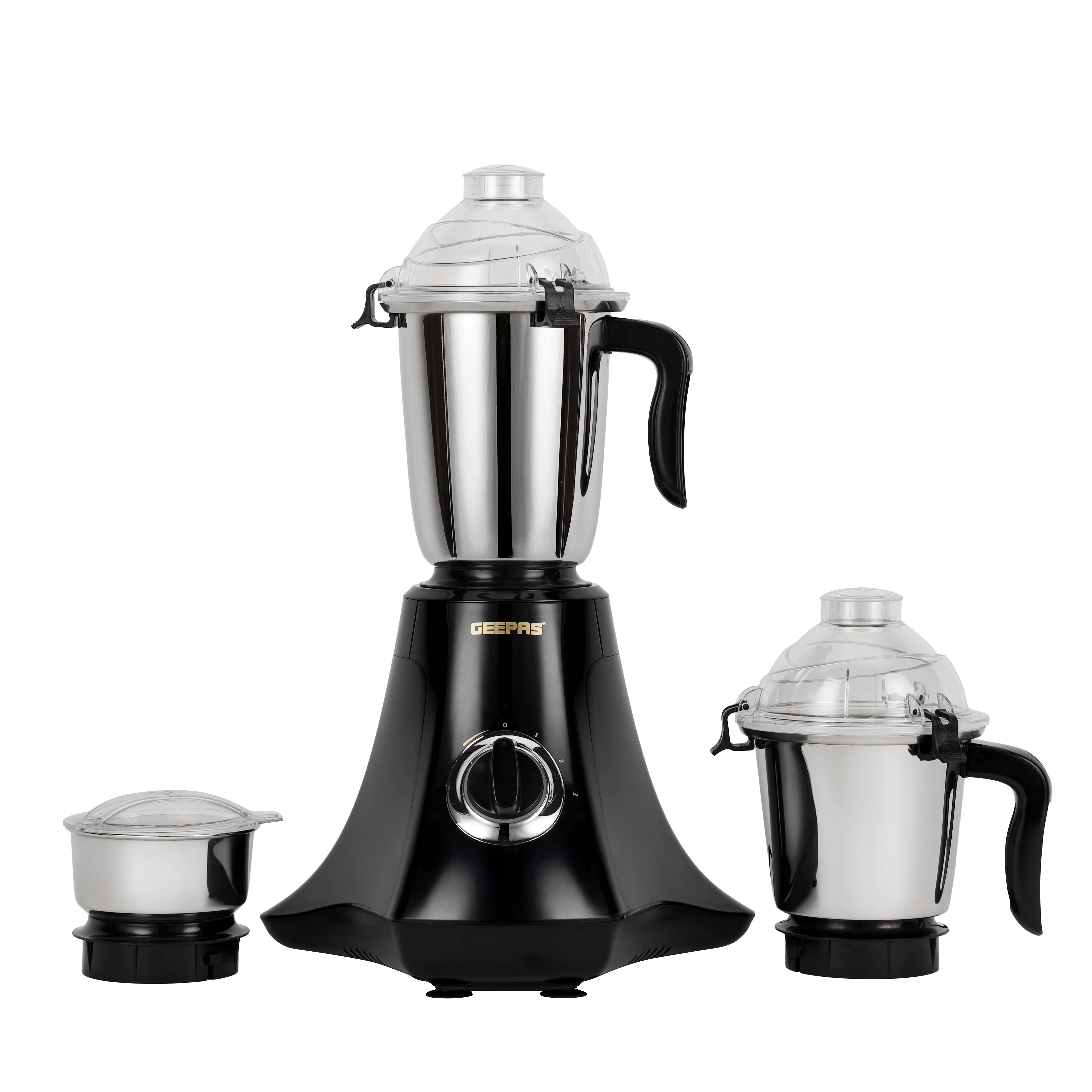 Geepas GSB44067 3-in-1 Mixer Grinder| 750W Powerful Motor with Stainless Steel Jars and Blades| Unbreakable Jar Caps, 3 Jar with 3 Speed Control/ Black & Silver|