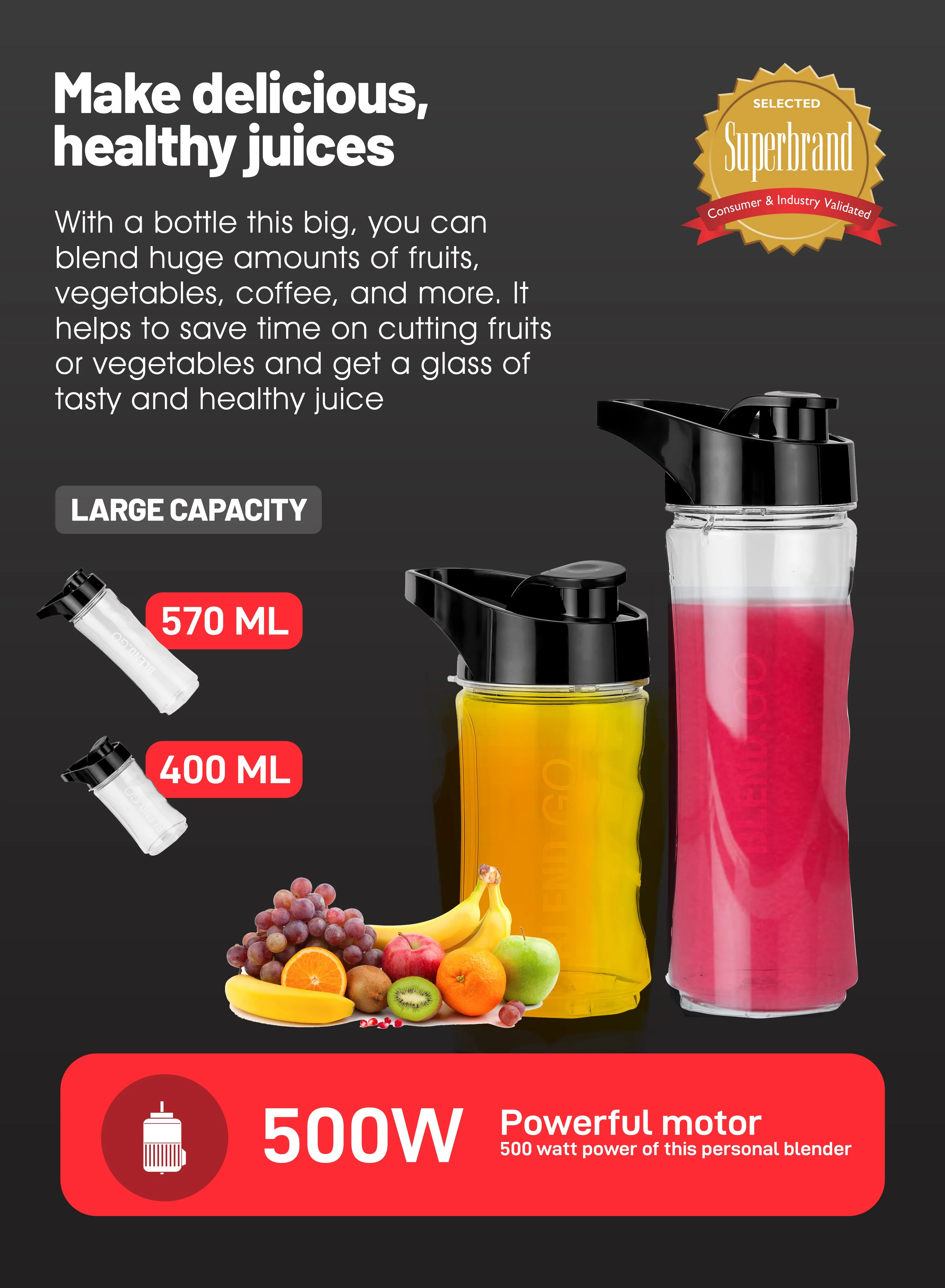 Geepas GSB44075 Personal Blender| 500W Powerful Motor with 2 Plastic Sport Bottles, 570 ML & 400 ML| Transparent & Unbreakable Bottles with Stainless Steel Blade| - Image 3