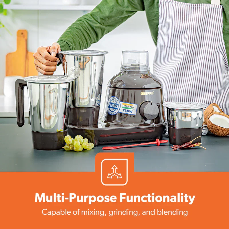 Geepas GSB44086 3-in-1 Mixer Grinder | 750W Powerful Motor, Stainless Steel Jars & Sharp Blades| 3 Speed Control with Safety Twist Lock & Durable Construction| - Image 2
