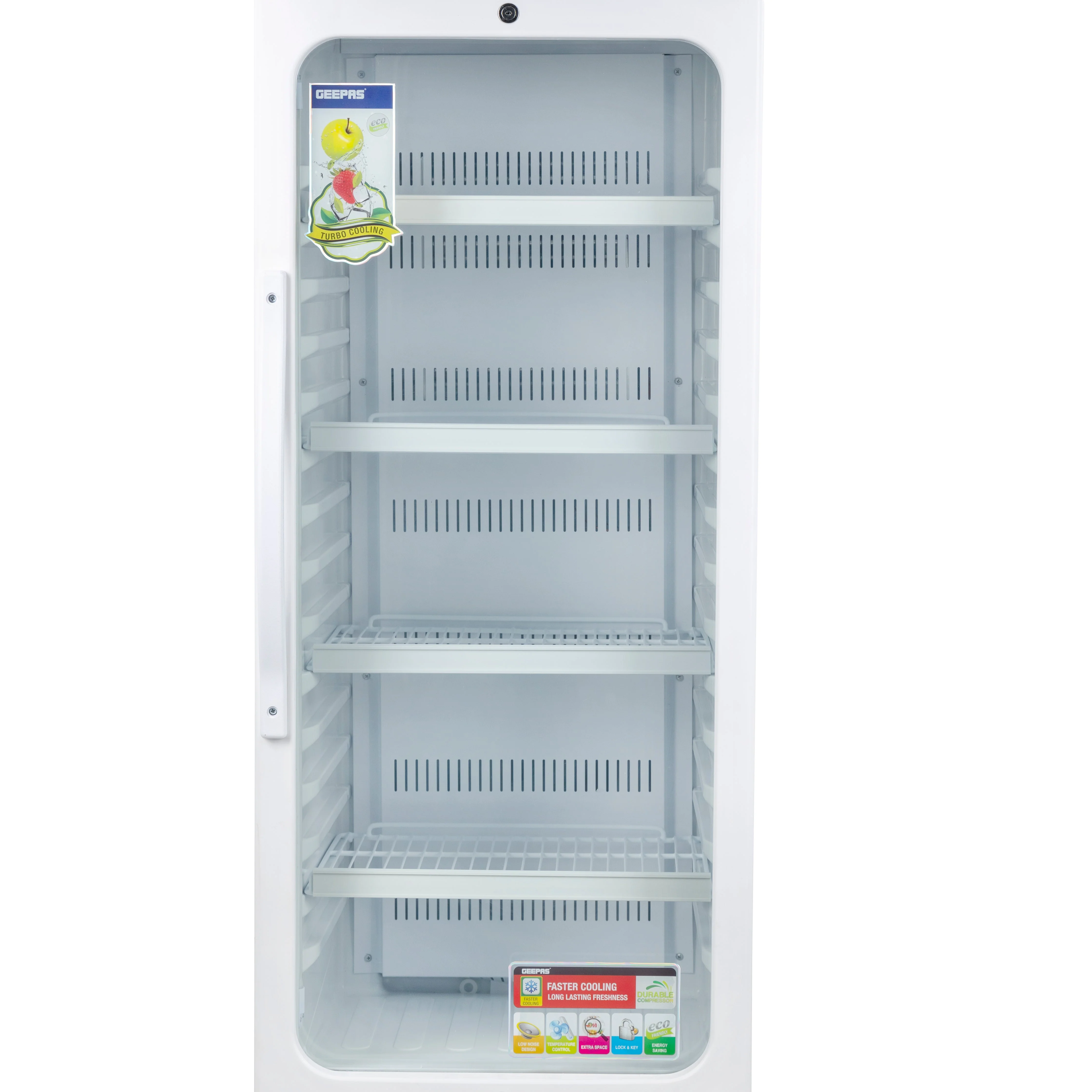 Geepas GSC6548 Upright Showcase | 300L Display Refrigerator| -3°C Cooling | Compressor Fan| Adjustable Thermostat | Transparent Door| Interior Lamp | 1-Year Warranty - Image 4