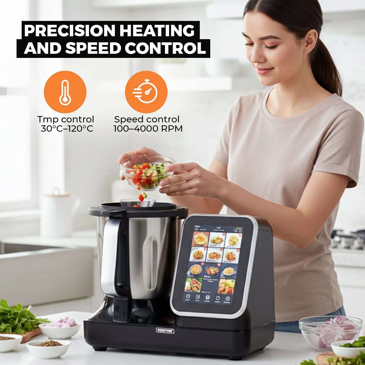 Geepas GSMC35059 Smart Multi-Cooker| 1000W heating, 800W mixing & 8-inch touchscreen| Durable, Powerful AC Motor, 12 functions, 98+ recipes & precision control| - Image 5