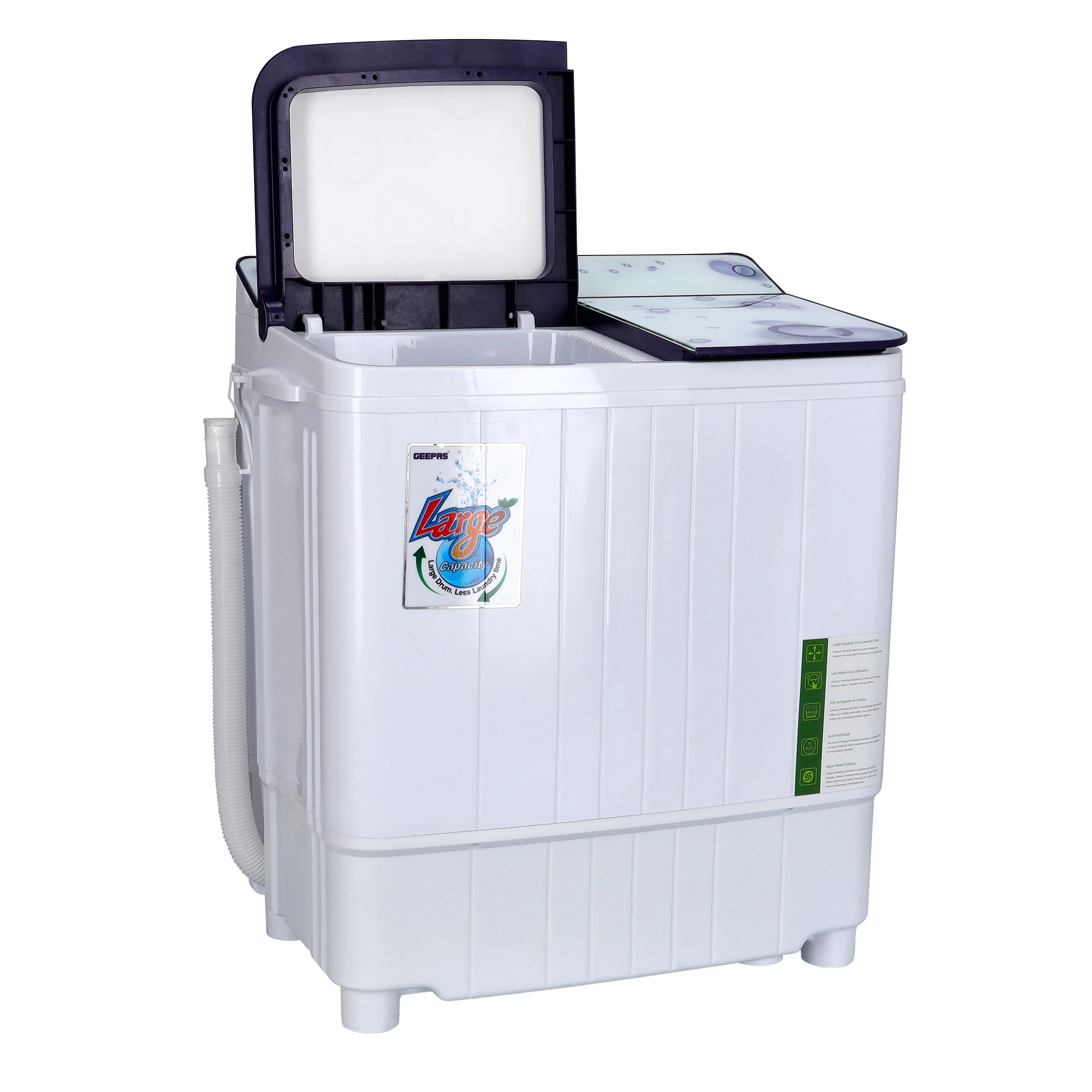 Geepas GSWM6473-3.5K Semi-Automatic Mini Washing Machine| features 3.5kg wash and 1kg spin capacity| Compact Design, tempered glass lid, dual water inlet & 360W| - Image 3