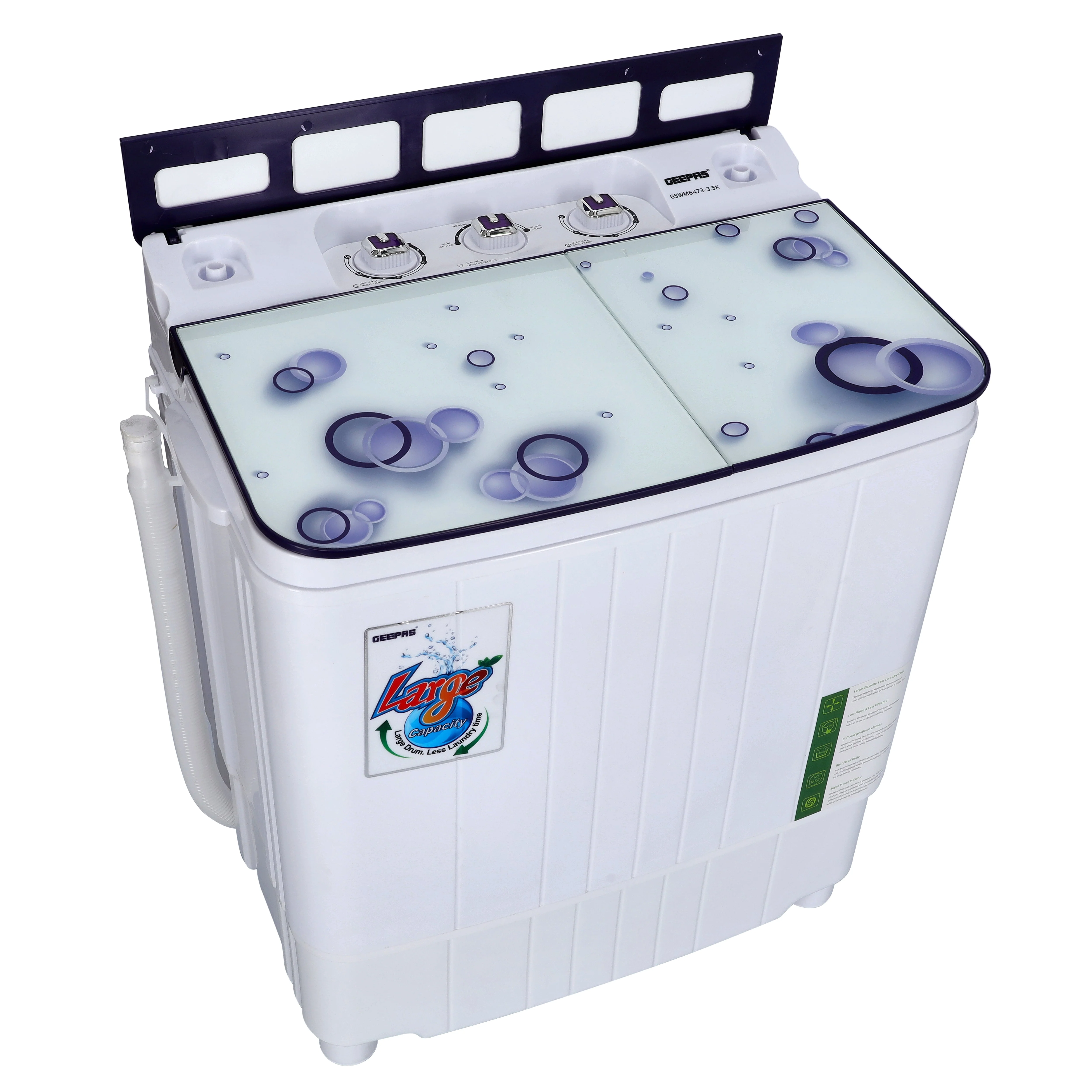 Geepas GSWM6473-3.5K Semi-Automatic Mini Washing Machine| features 3.5kg wash and 1kg spin capacity| Compact Design, tempered glass lid, dual water inlet & 360W| - Image 4