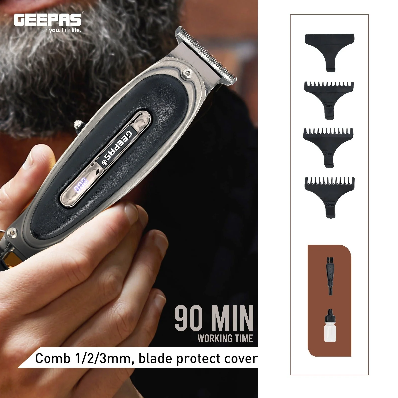 Geepas GTR56044 Rechargeable Hair Clipper| Zero-Cut Stainless Steel T-Blade & LED Display| Li-ion Battery, Type-C Charging, Metal Body and Leather Touch Decor| - Image 3