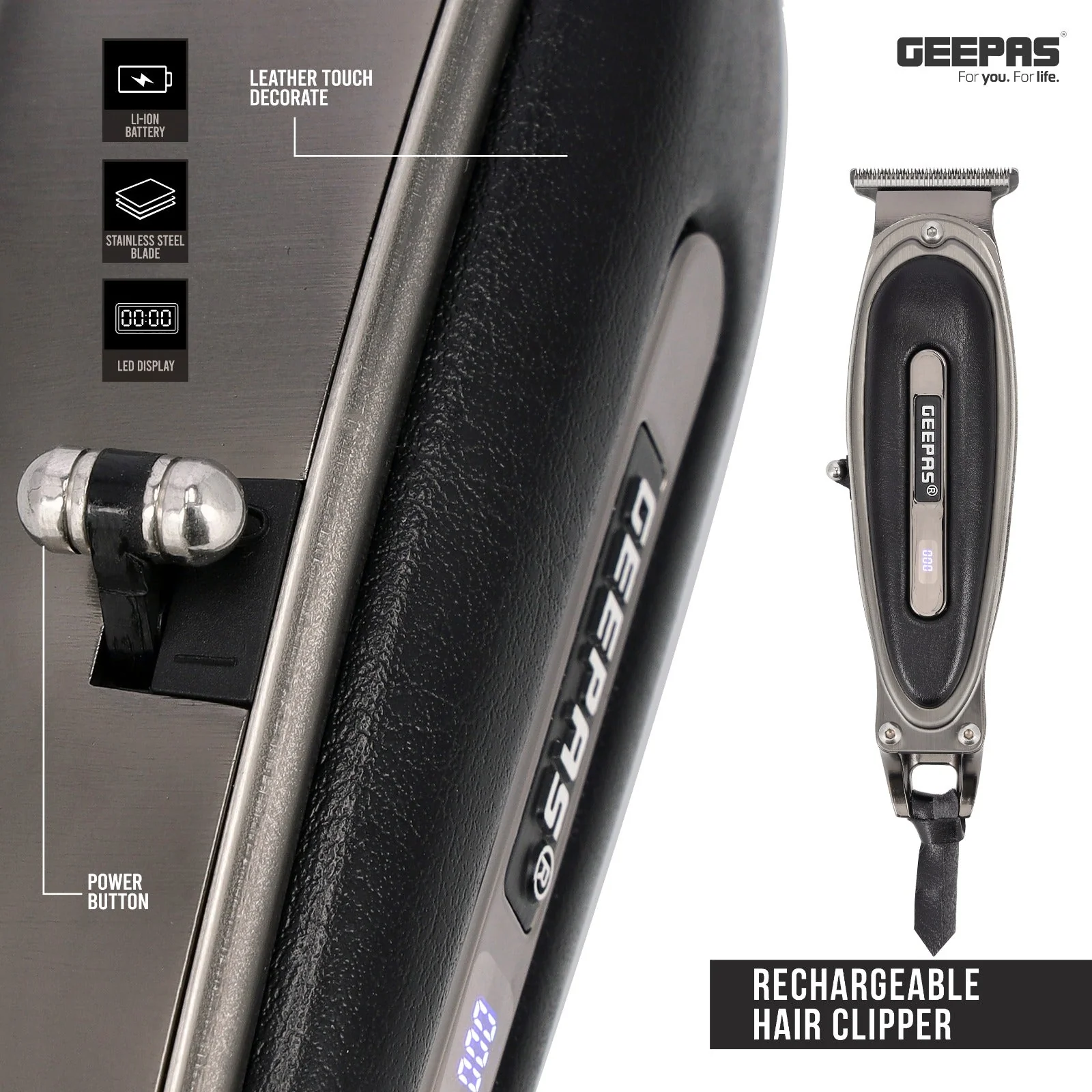 Geepas GTR56044 Rechargeable Hair Clipper| Zero-Cut Stainless Steel T-Blade & LED Display| Li-ion Battery, Type-C Charging, Metal Body and Leather Touch Decor| - Image 4