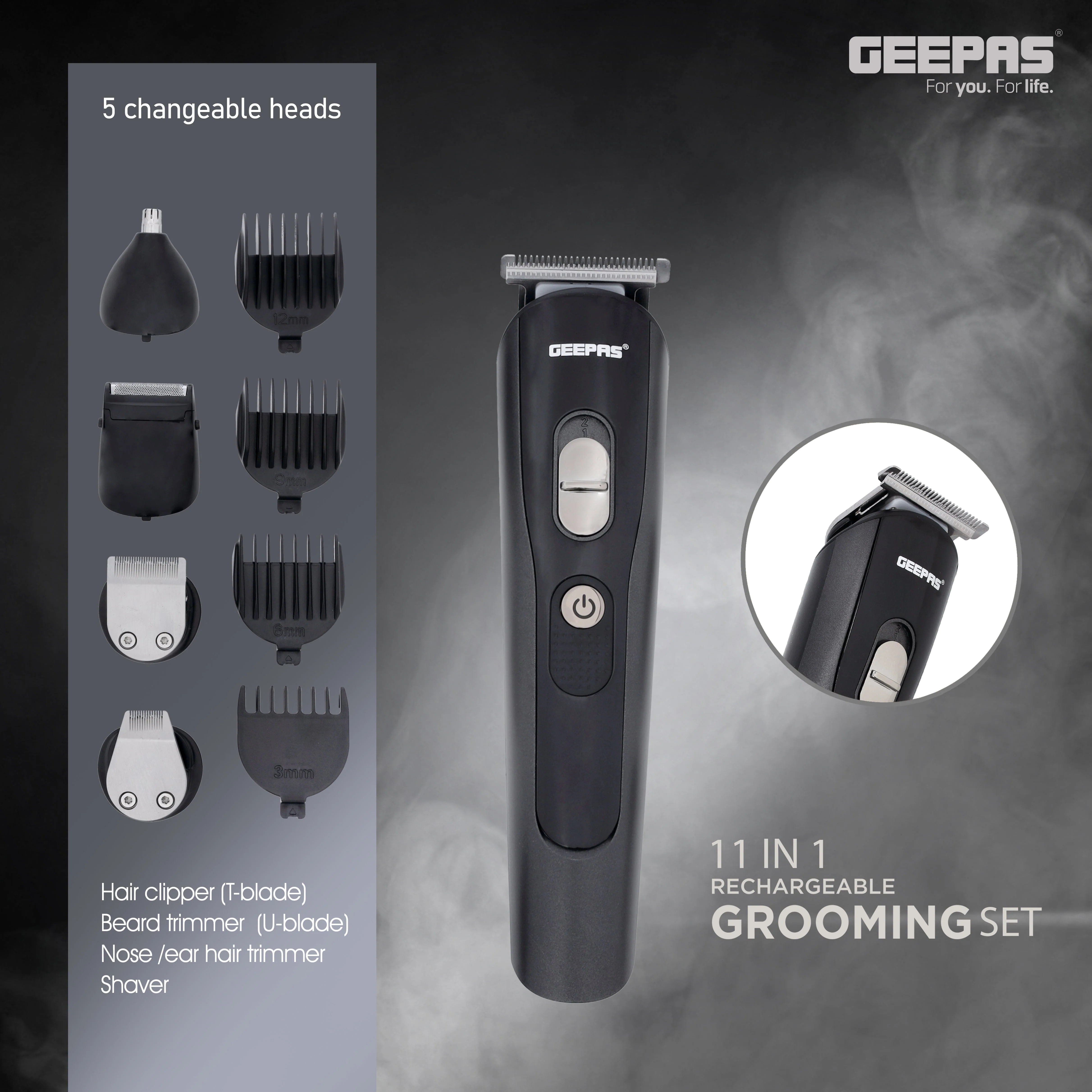 Geepas GTR8612 11-in-1 Rechargeable Grooming Set| 5 Interchangeable Heads and 4 Comb Attachments| LED Display with Battery Capacity Indicator & Works 60 Minutes| - Image 3