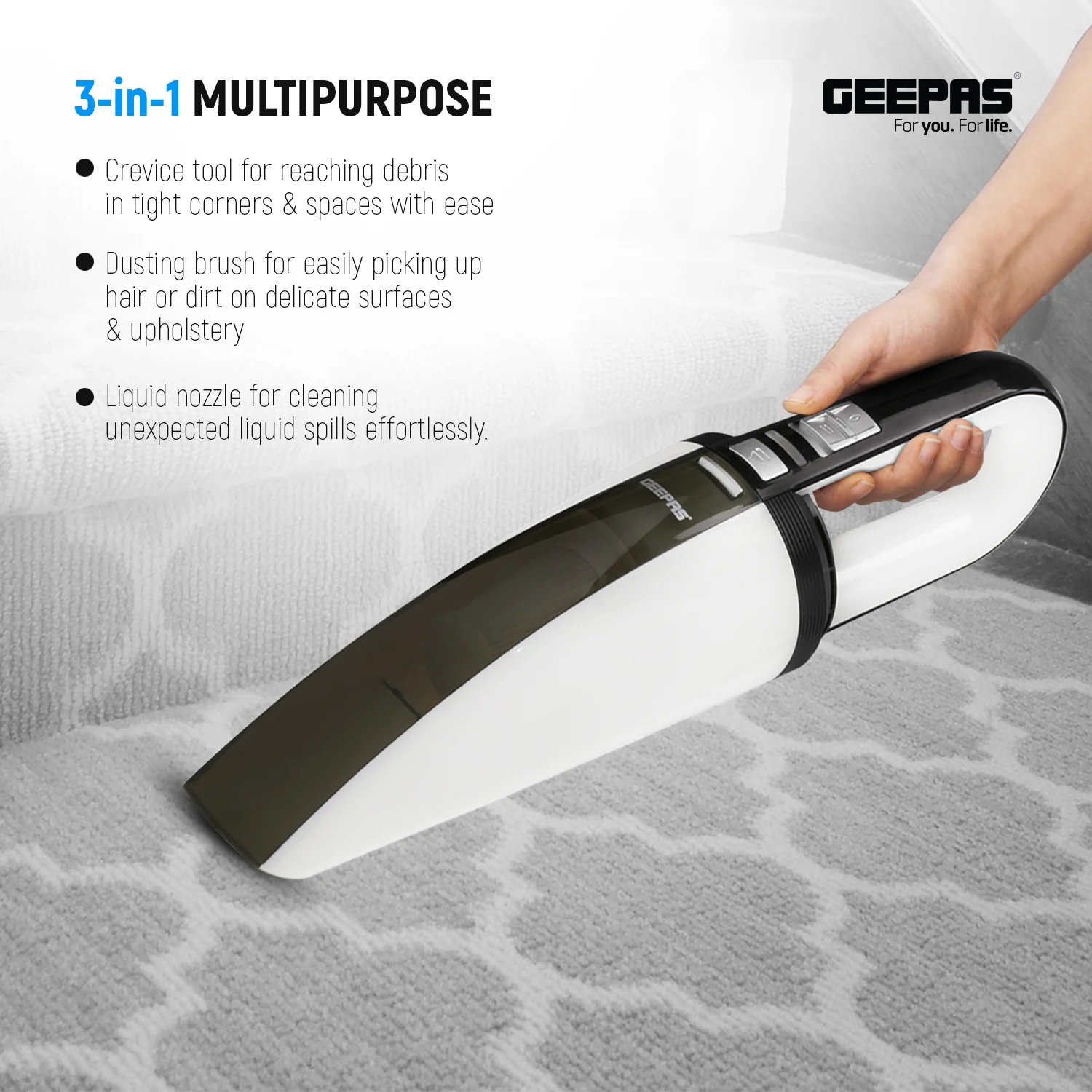 Geepas GVC19015UK Wet & Dry Handheld Vacuum Cleaner| 11.1V 2000mAh Lithium Battery and 3.5KPA Suction Power| Durable, Double Layer Cloth Filter and Low Noise | - Image 4