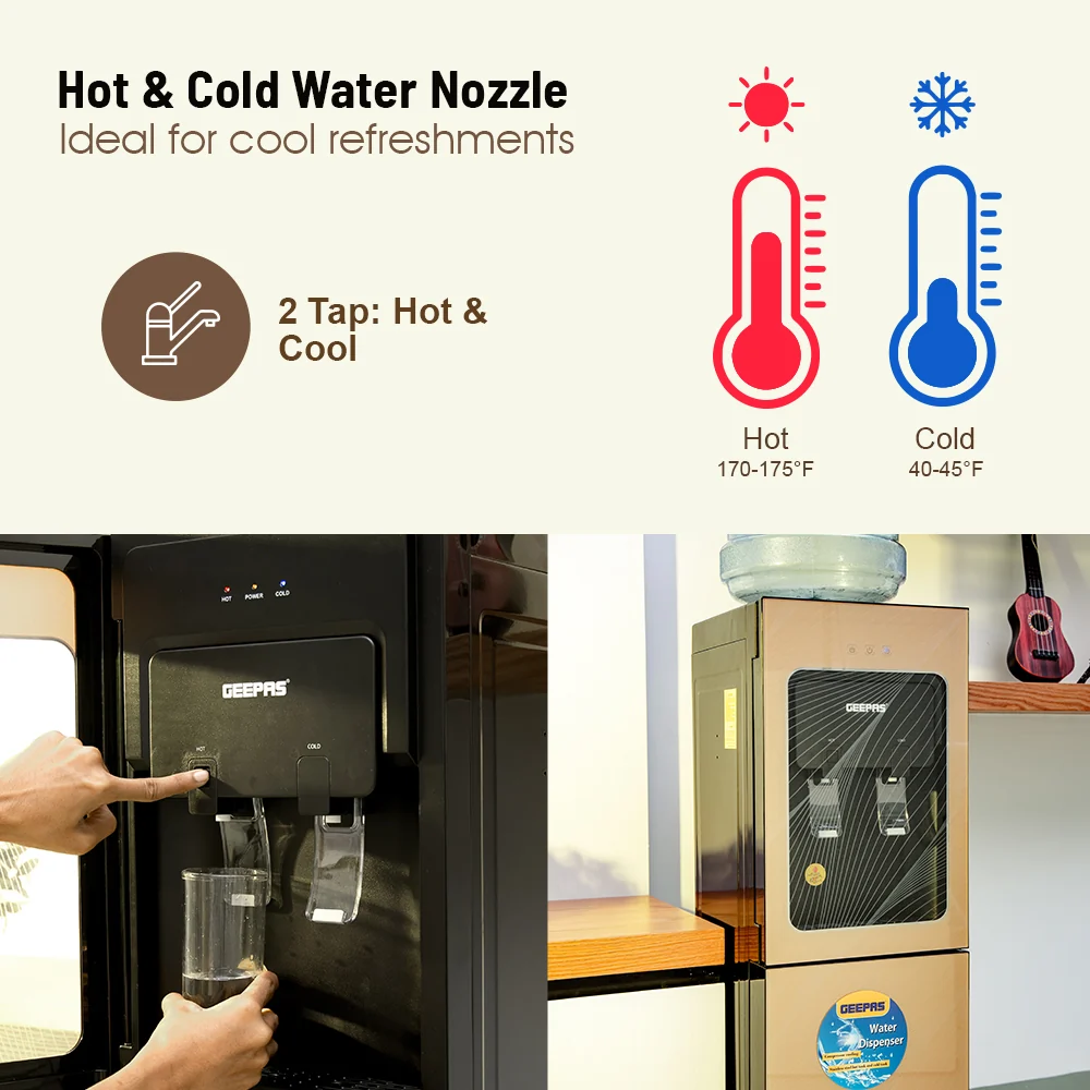 Geepas GWD8363 Hot & Cold-Water Dispenser with Refrigerator| compressor cooling & a 304 stainless steel| dual taps, low-noise operation &a refrigerated cabinet| - Image 5