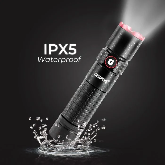 Geepas Rechargeable LED Flashlight- GFL51065/ 20W, 5000-6500K, 2500 LM, Perfect for Indoor and Outdoor Use, 10 Hours Continuous Working/ with Aircraft Aluminum Housing, Waterproof IPX5, Lithium Battery and Power Reminder/ Black, Lifetime Warranty - Image 4