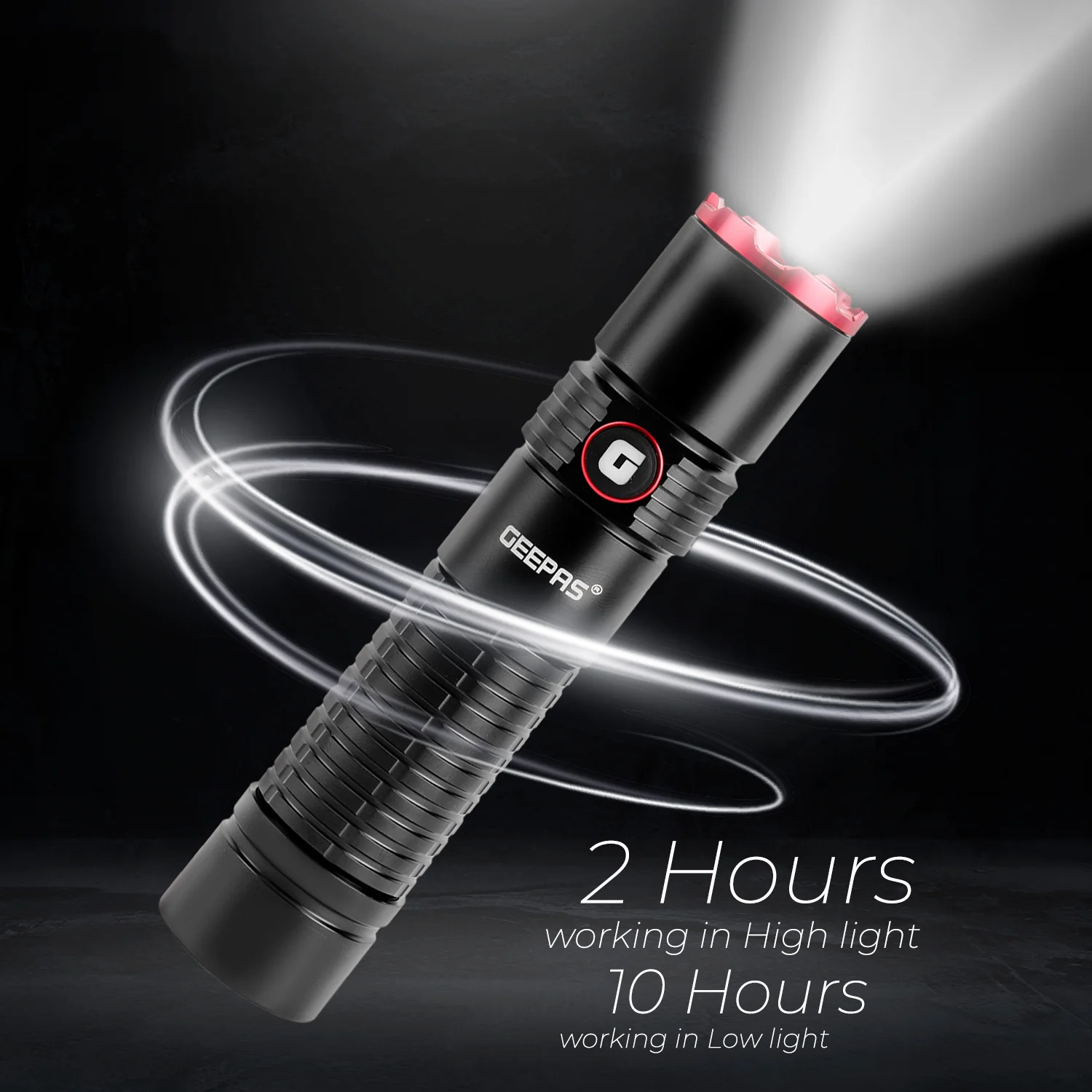 Geepas Rechargeable LED Flashlight- GFL51065/ 20W, 5000-6500K, 2500 LM, Perfect for Indoor and Outdoor Use, 10 Hours Continuous Working/ with Aircraft Aluminum Housing, Waterproof IPX5, Lithium Battery and Power Reminder/ Black, Lifetime Warranty - Image 6