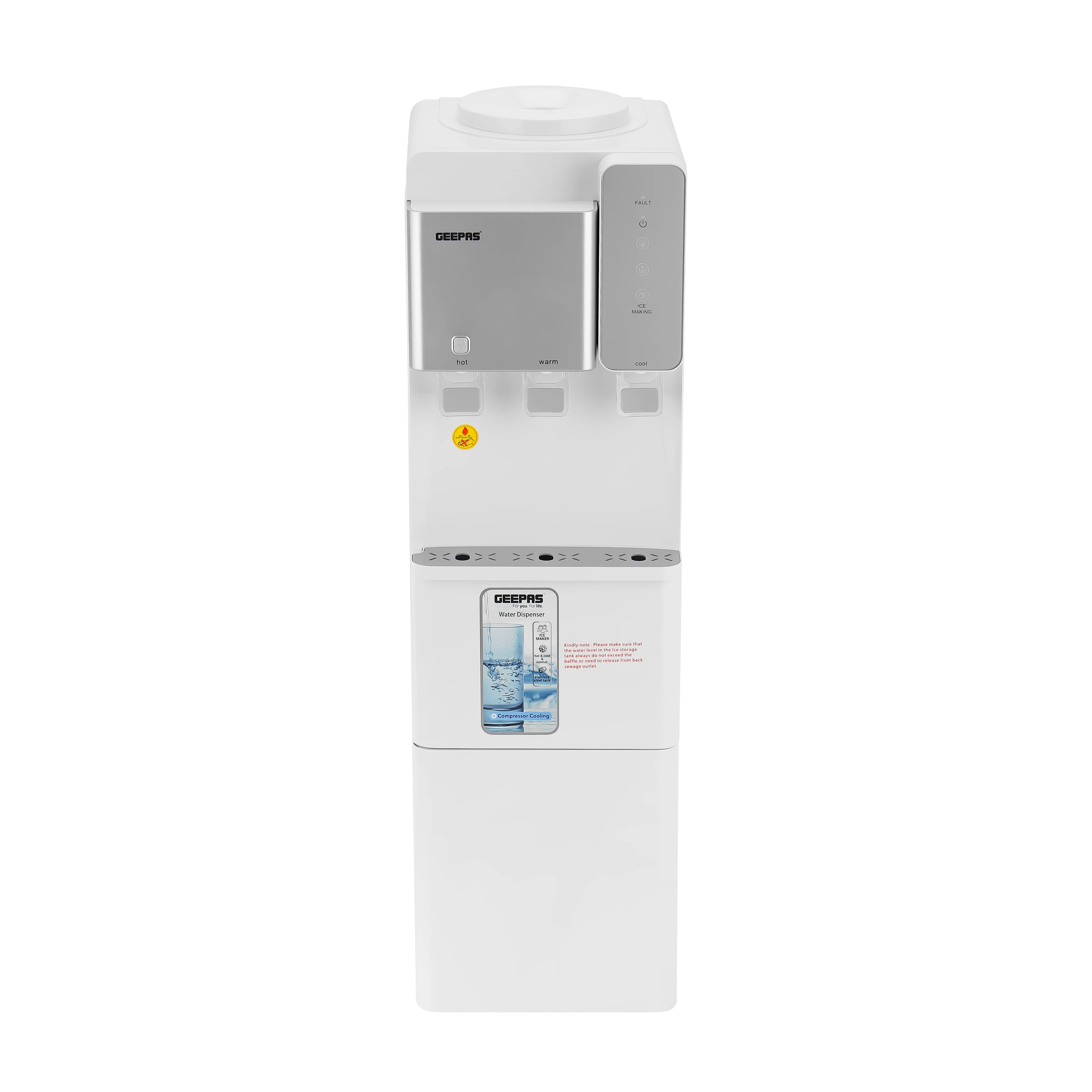 Geepas Water Dispenser with Ice Maker- GWD17027/ Normal, Hot and Cold Function, and 3 Touch Control Panel, Fast Cooling, Low Noise/ Capacity: 13 kg/24 h, Perfect for Home, Kitchen, Apartments, Restaurants, Office, Etc./ White, 2 Year Warranty