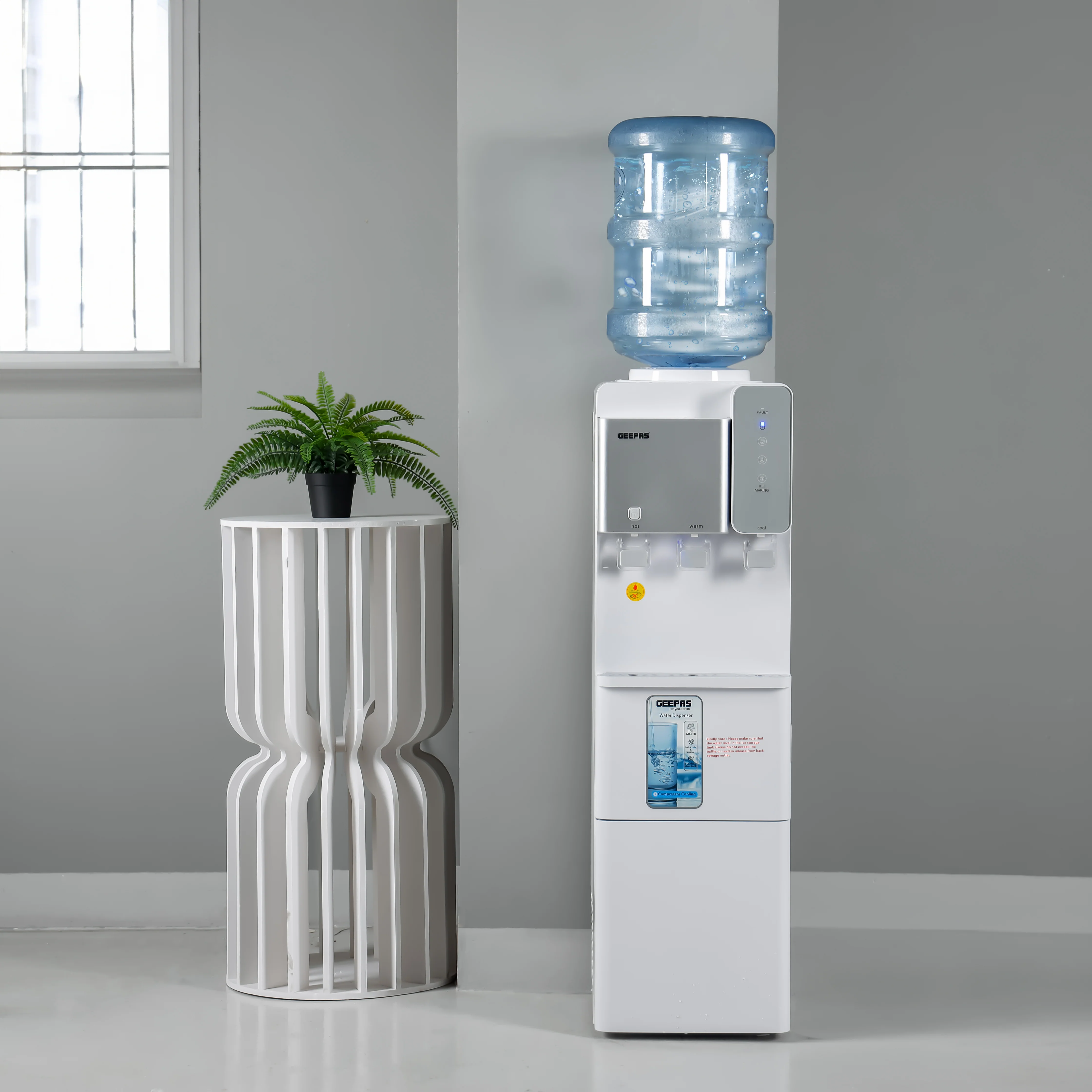 Geepas Water Dispenser with Ice Maker- GWD17027/ Normal, Hot and Cold Function, and 3 Touch Control Panel, Fast Cooling, Low Noise/ Capacity: 13 kg/24 h, Perfect for Home, Kitchen, Apartments, Restaurants, Office, Etc./ White, 2 Year Warranty - Image 4