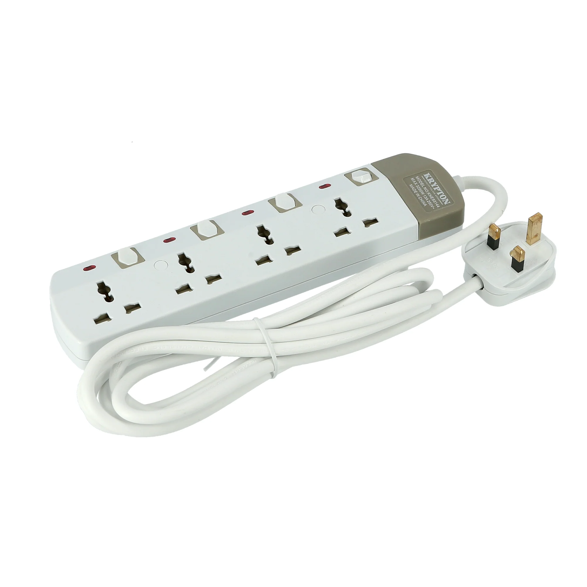 Krypton KNES5144 4 Way Extension Socket| 3M cable with 13A 250V rating and max 3250W power| Features individual switches and durable BS1363A plug for safe home use|