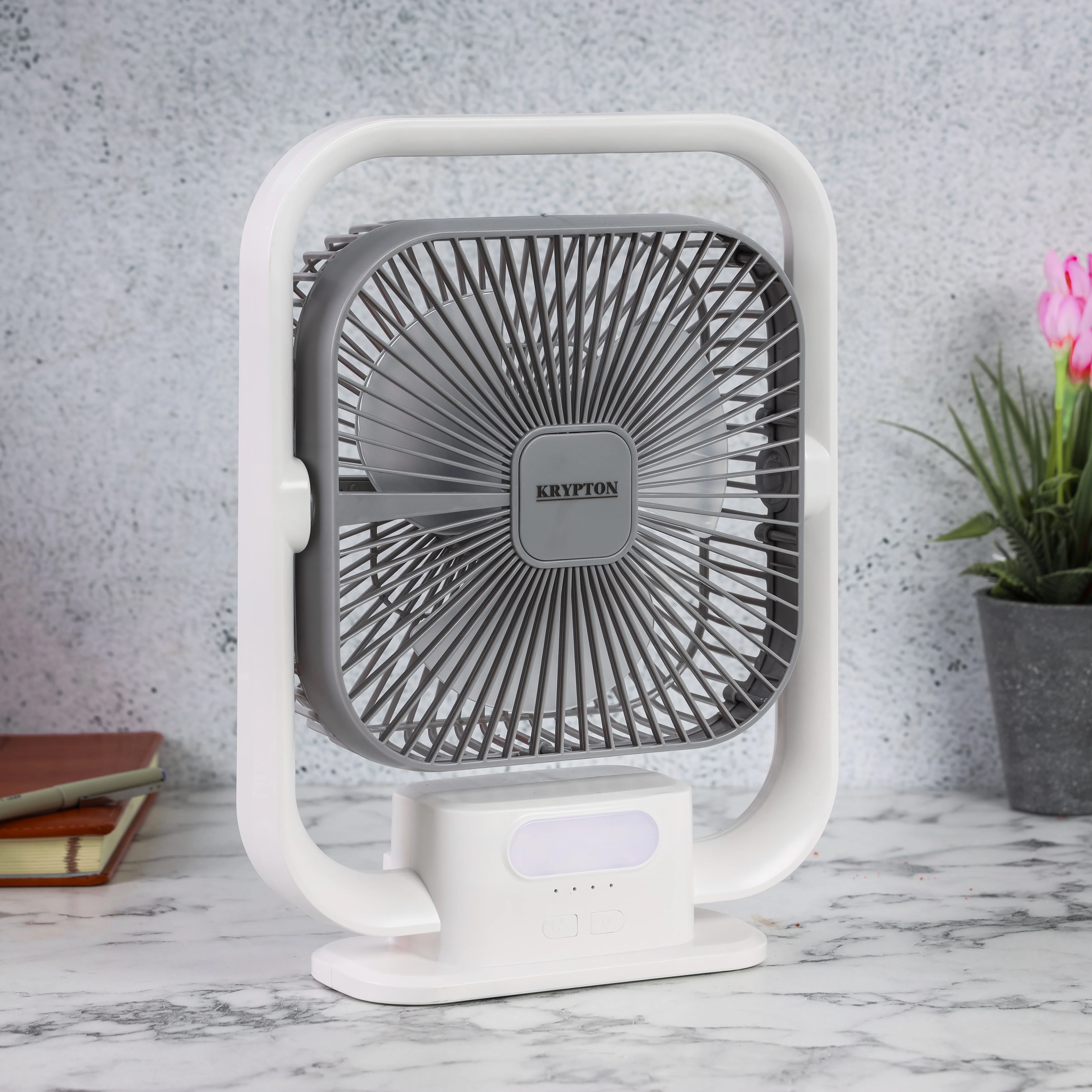 Krypton KNF6131 8 Inch Rechargeable Fan with LED Light| USB charging, 3 speed airflow & long battery backup| bright lighting for daily home & travel, or office| - Image 2